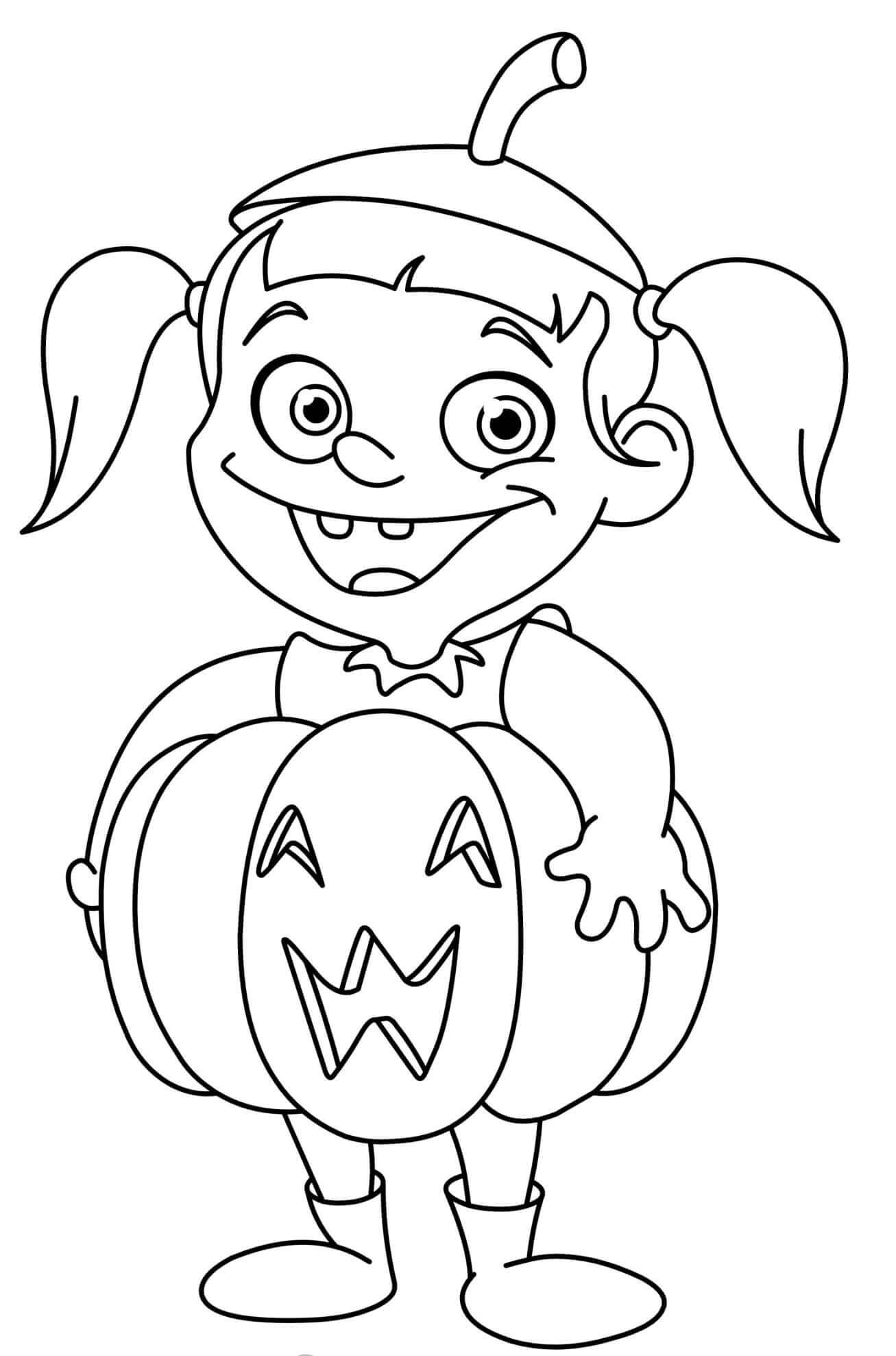 Coloriage Petite Fille Déguisée En Citrouille - Halloween à imprimer