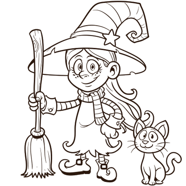 Coloriage Petite Sorcière Avec Son Chat Halloween - Halloween à imprimer
