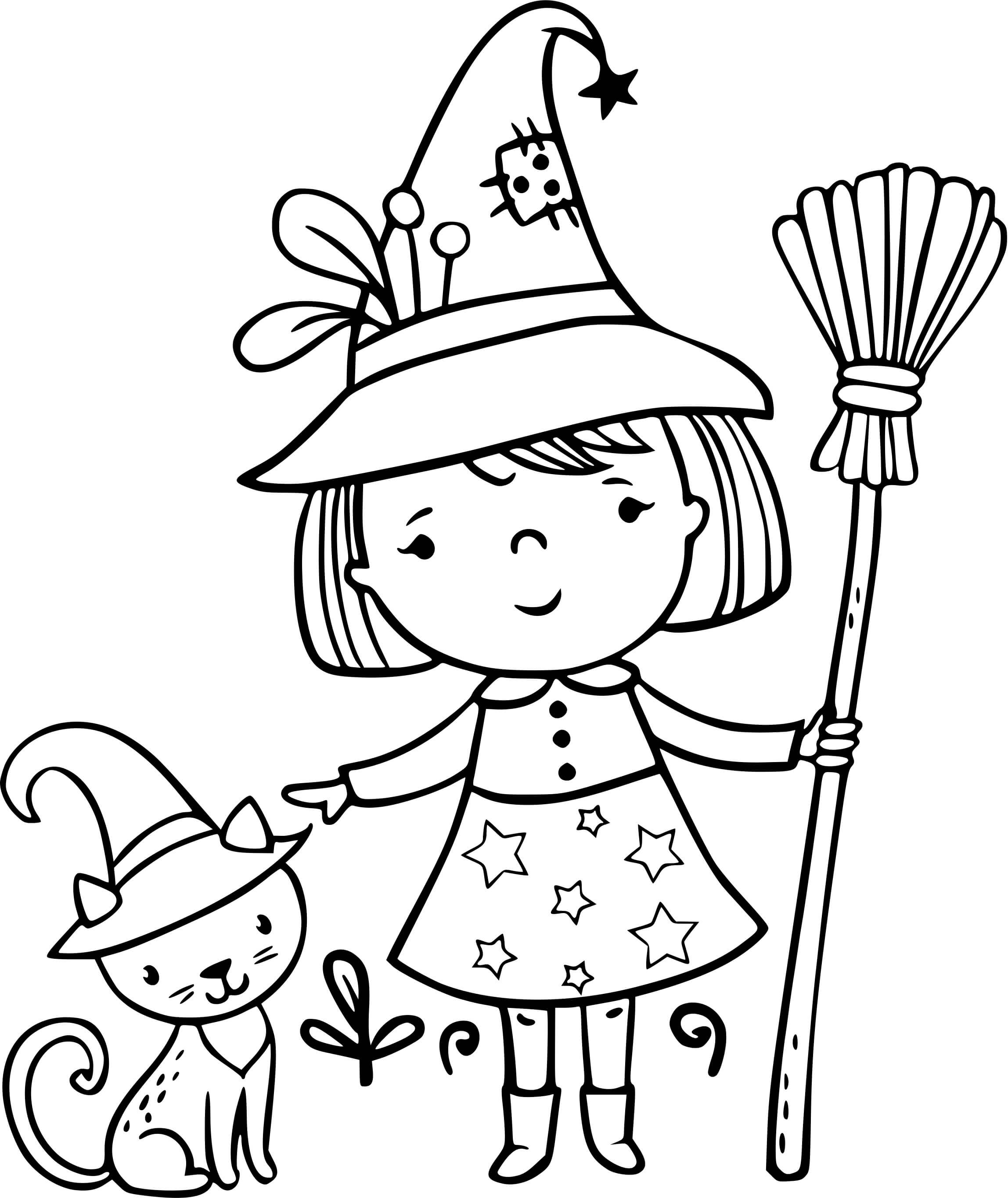 Coloriage Petite Sorcière Et Son Chat Noir Halloween Facile - Halloween sorciere à imprimer
