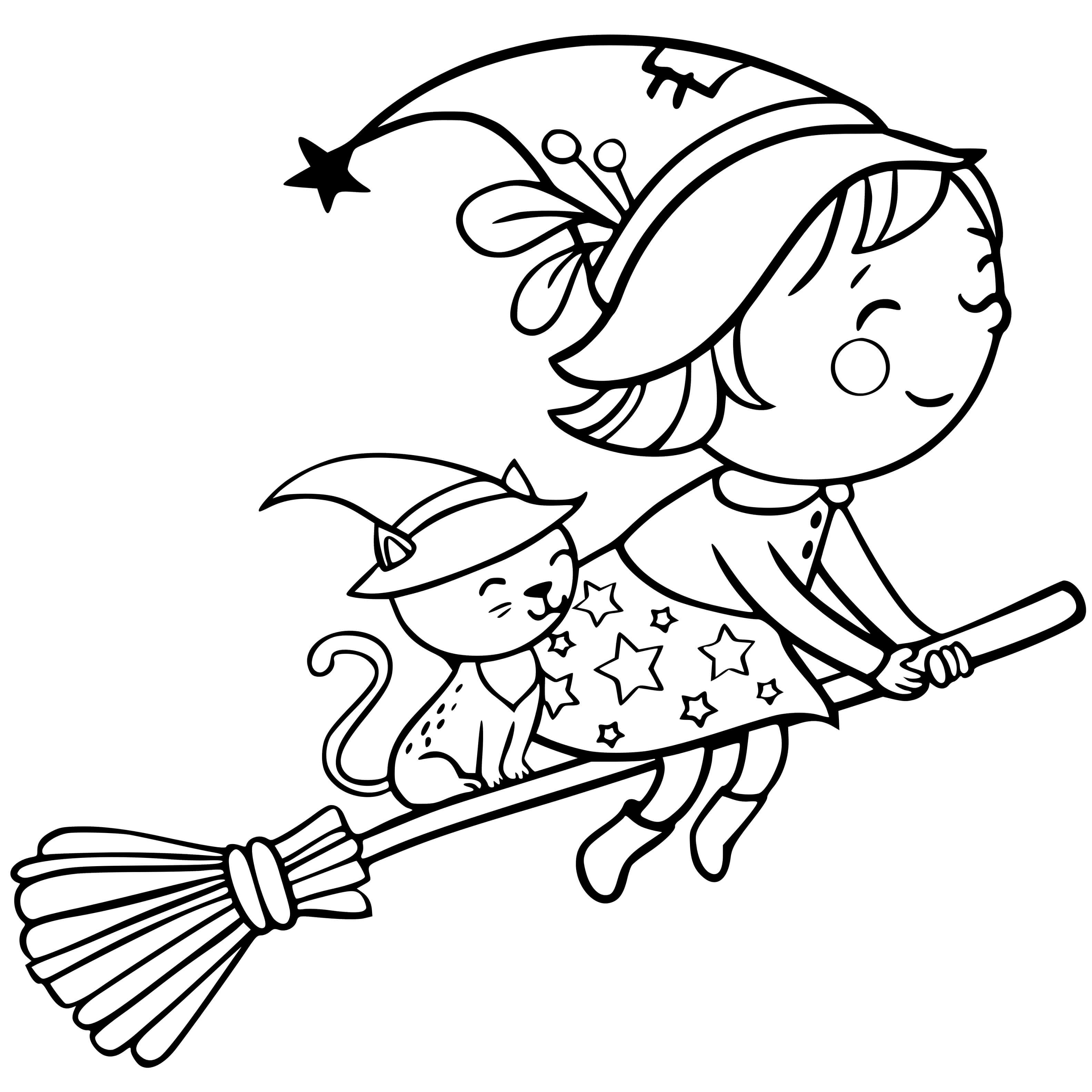 Coloriage Petite Sorcière Et Son Petit Chat Sur Son Balai - Halloween sorciere à imprimer