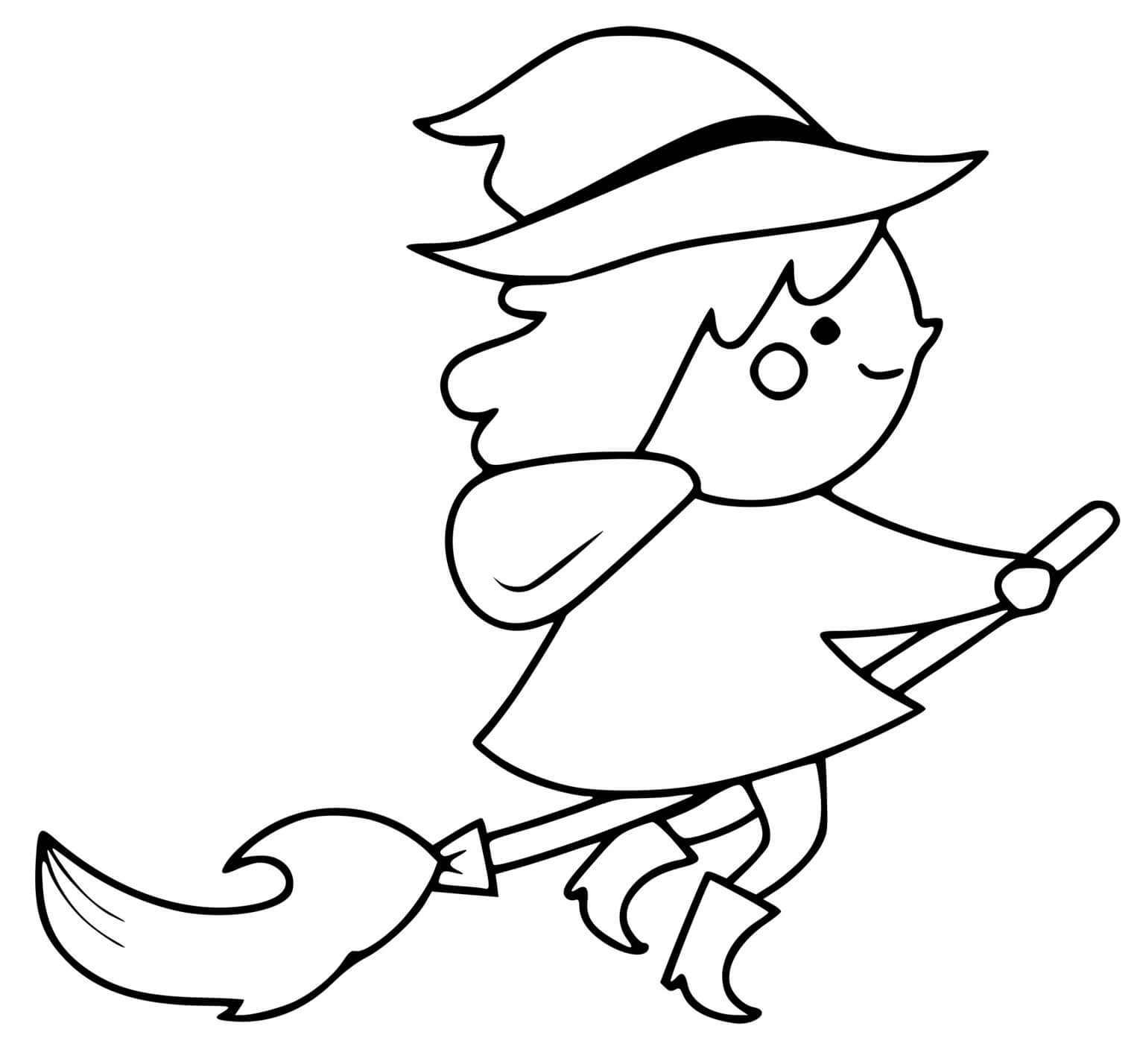 Coloriage Petite Sorcière Sur Son Balai En Plein Vol - Halloween sorciere à imprimer
