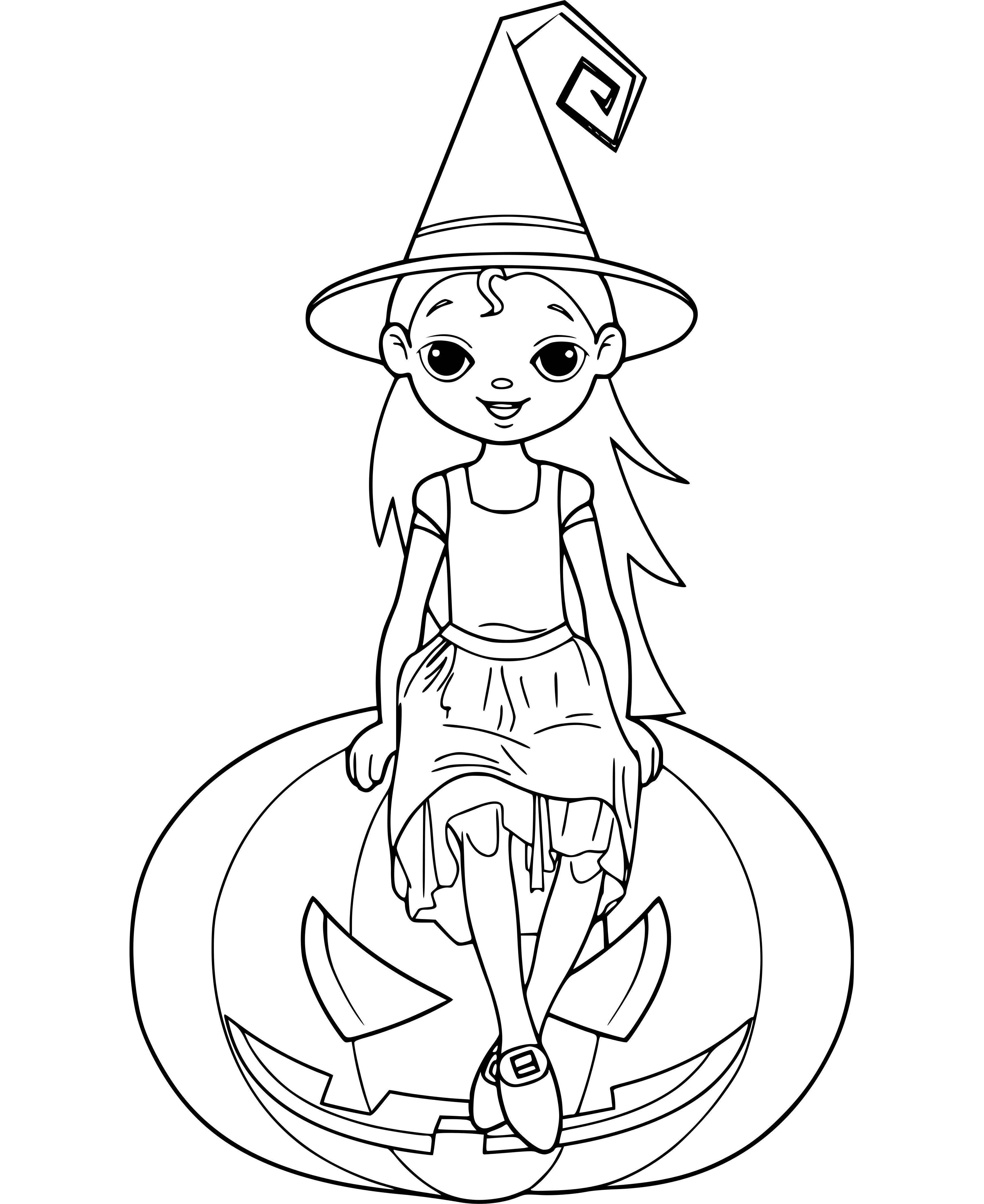 Coloriage Petite Sorcière Sur Une Citrouille - Halloween à imprimer
