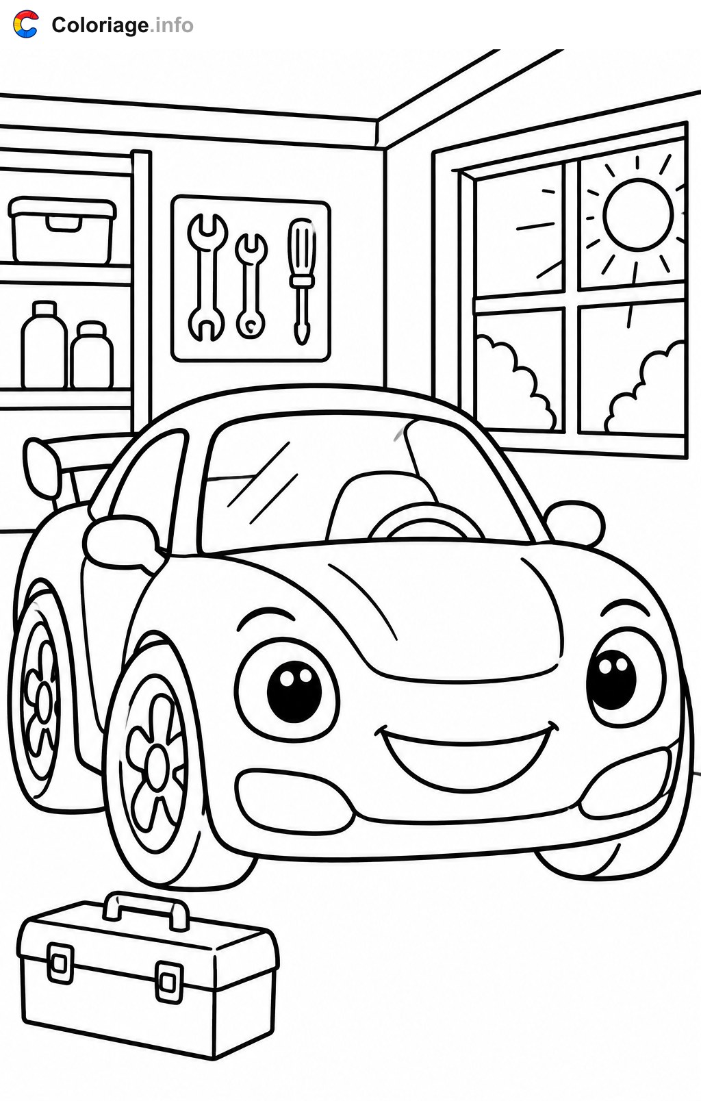 Kleine Sportwagen in der Garage – Ausmalbilder — Ausmalbild zum Ausdrucken