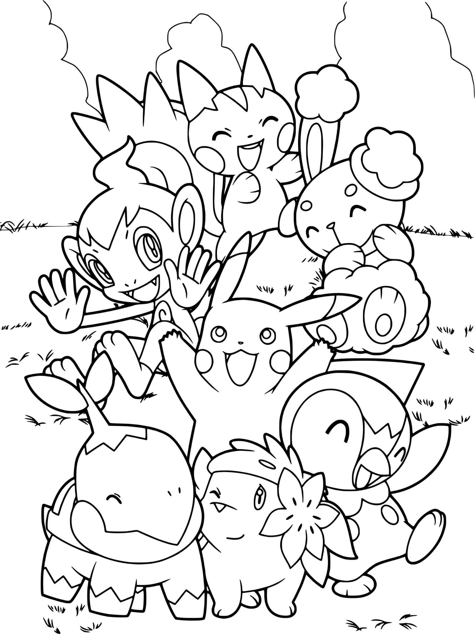 Coloriage Pikachu A Du Plaisir Avec Ses Nouveaux Amis - Pokémon à imprimer