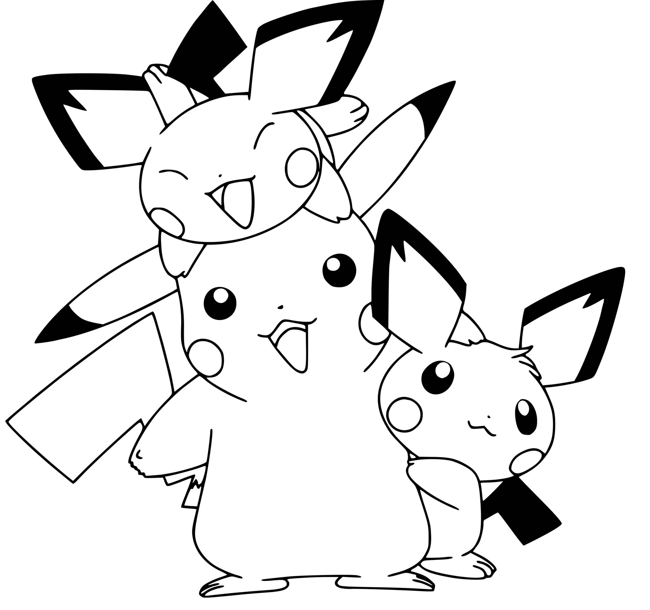 Coloriage Pikachu Mignon Avec Ses Cousins Pikachus - Pokémon à imprimer