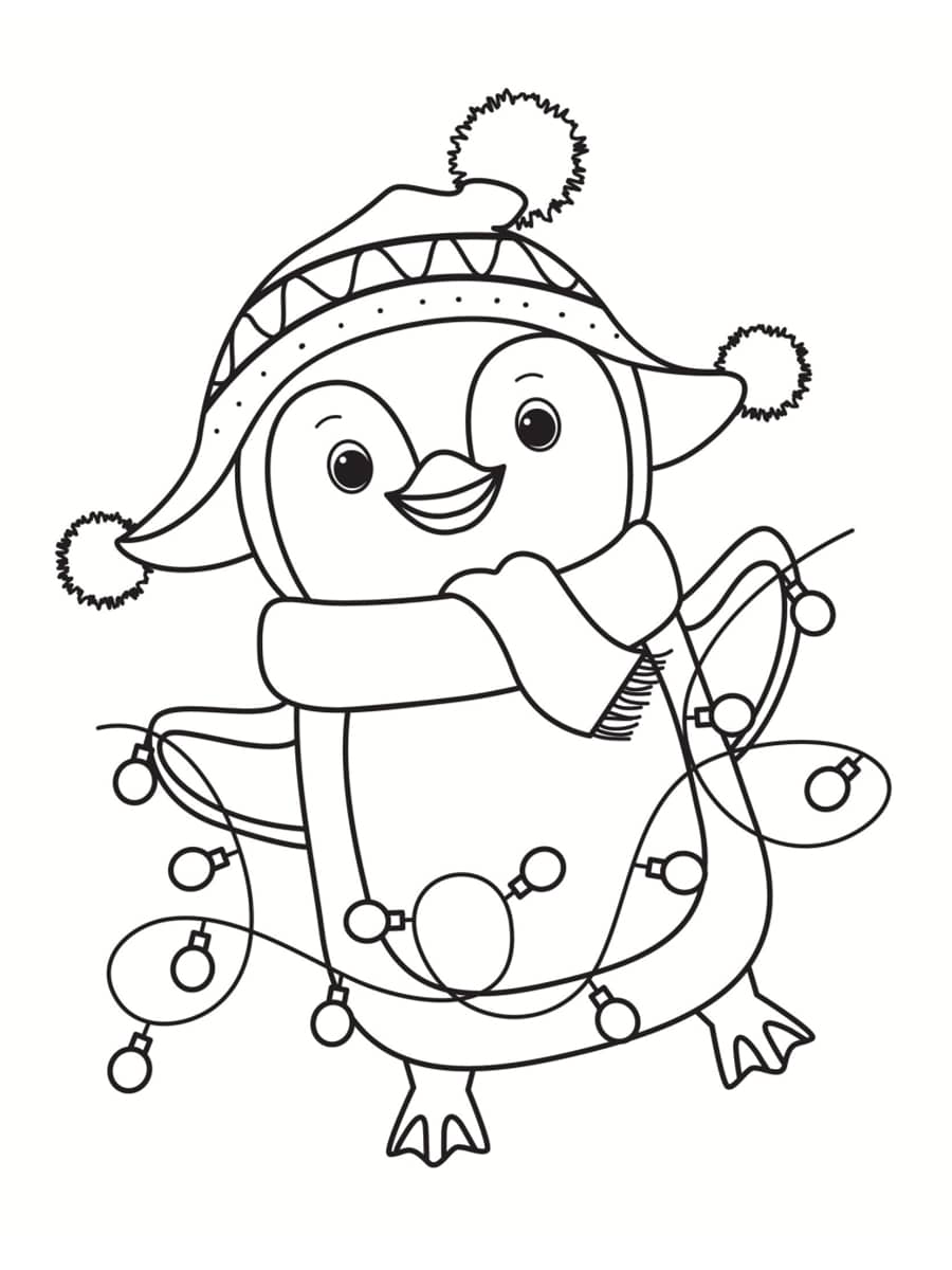 Coloriage Pingouin Prêt Pour Noël Avec Des Lumières De Sapin De Noël - Pingouin à imprimer