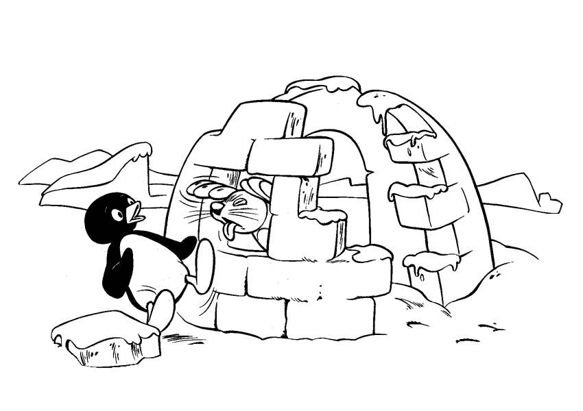 Coloriage Pingu Viel Igloo Et Phoque - Pingouin à imprimer