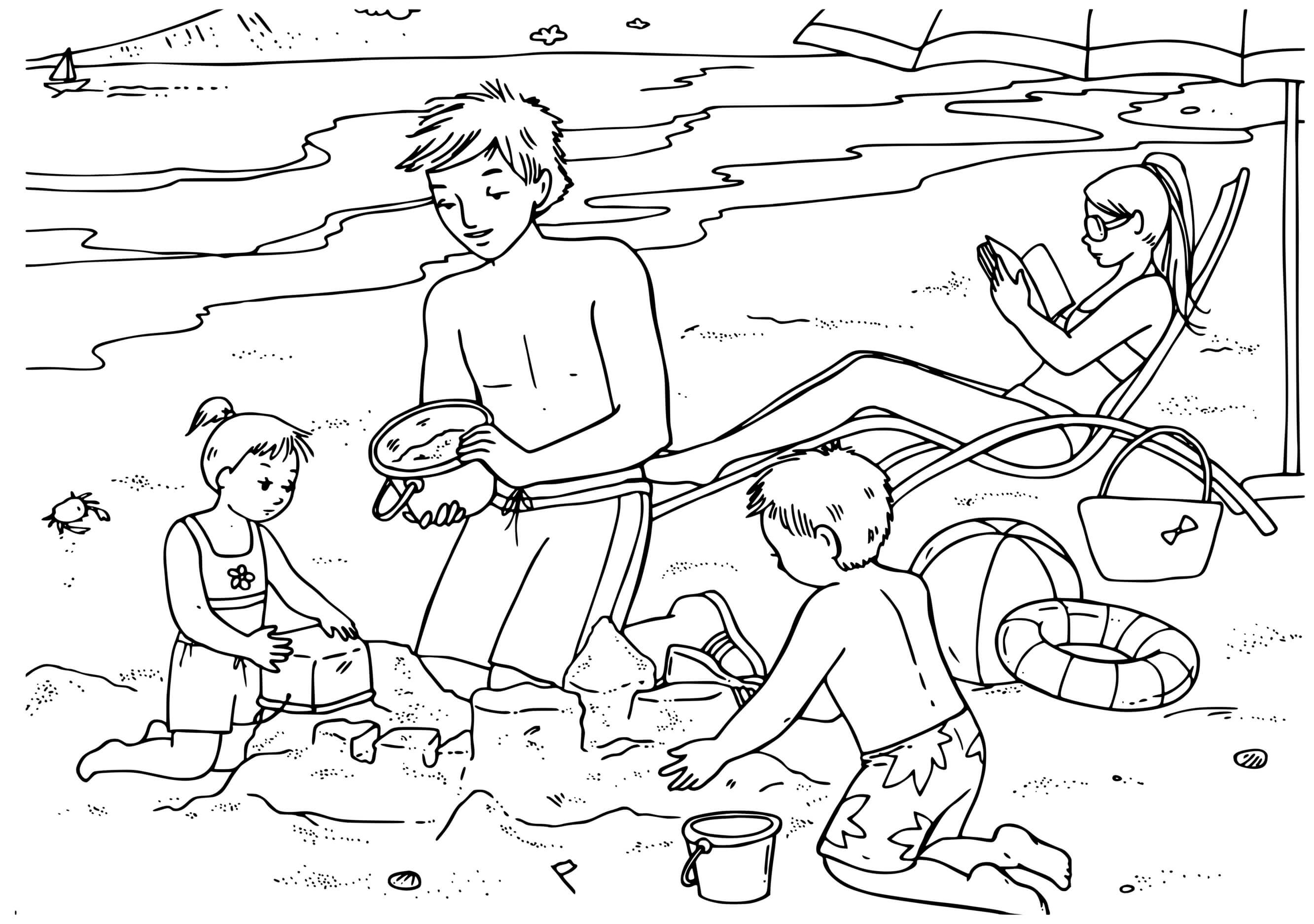 Coloriage Plage Avec La Famille Et Les Enfants - Plage à imprimer