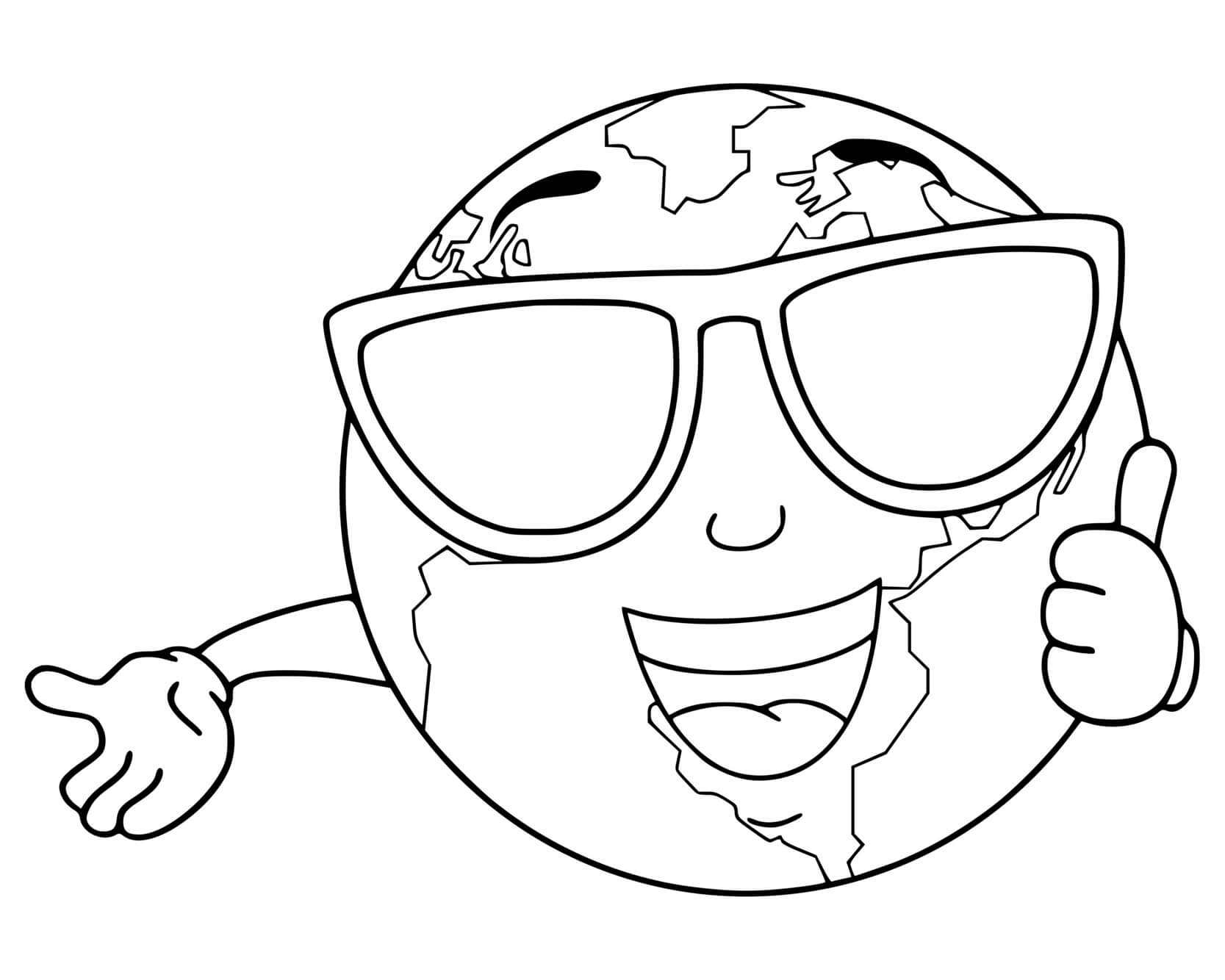 Coloriage Planète Terre Avec Des Lunettes Cool Souriant - Planète à imprimer