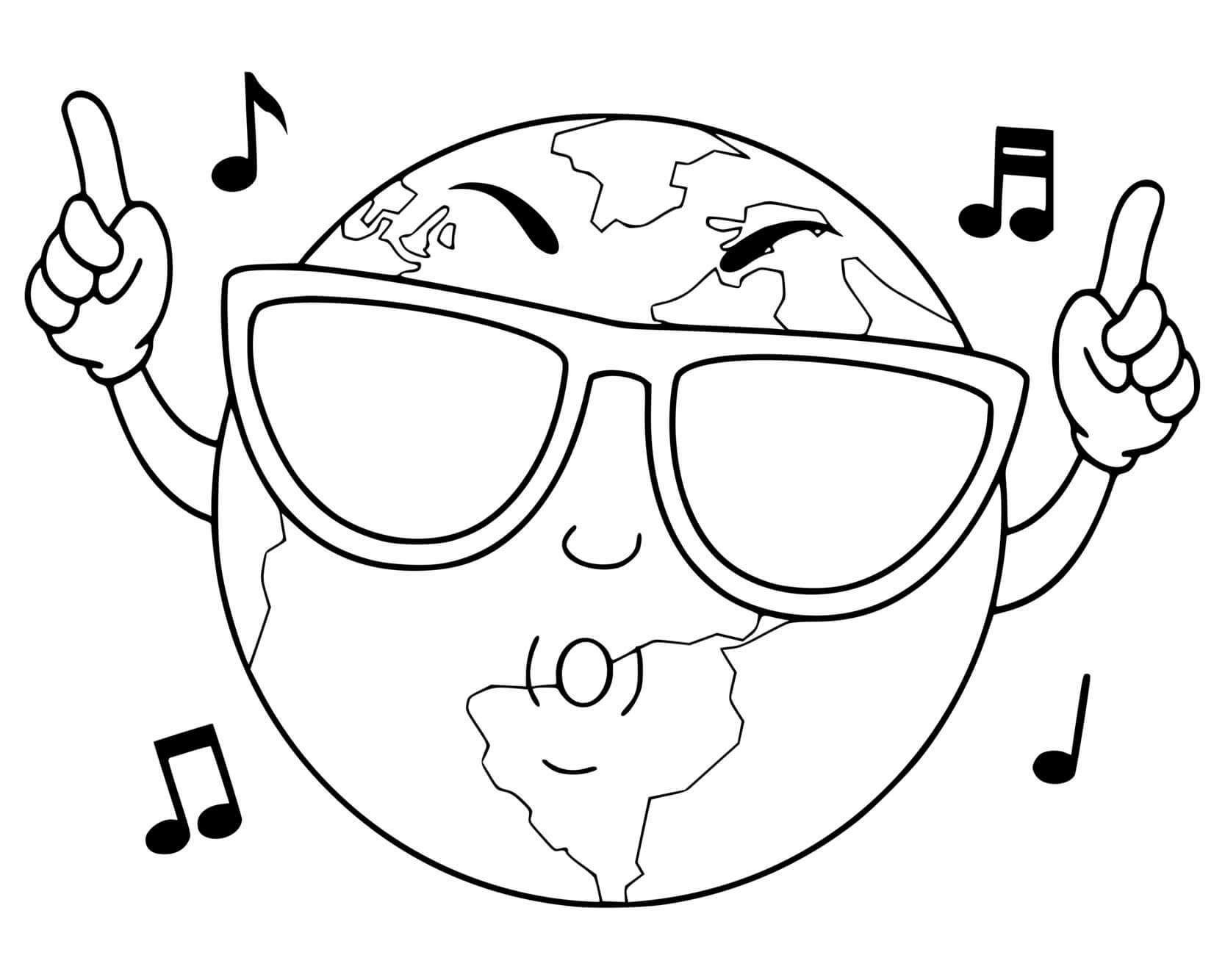Coloriage Planète Terre Avec Des Lunettes Fait La Fête Musique - Planète à imprimer