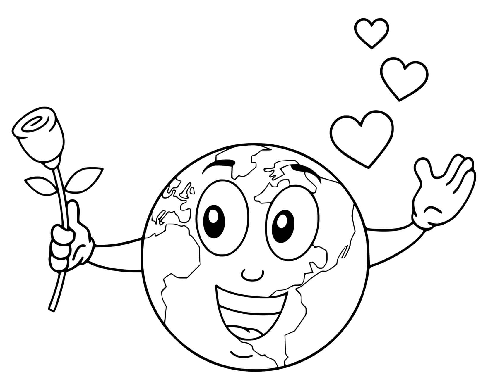 Coloriage Planète Terre Avec Une Fleur Cœur Jour De La Terre - Planète à imprimer