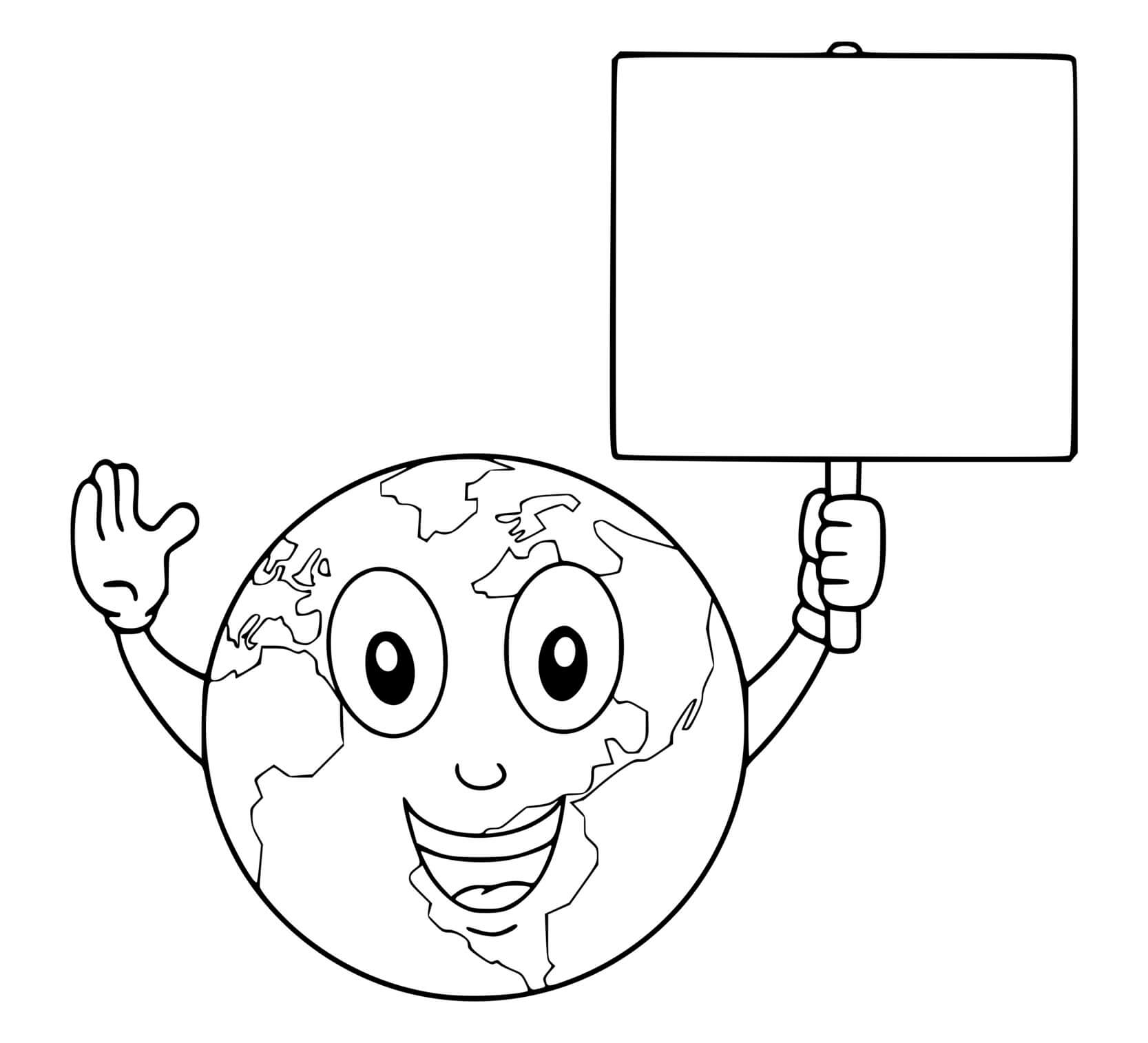 Coloriage Planète Terre Avec Une Pancarte - Planète à imprimer