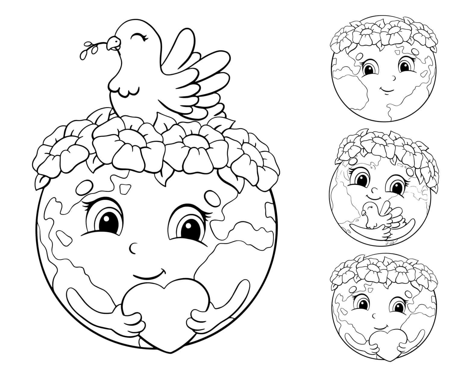 Coloriage Planète Terre Cœur Pigeon Amour - Jour de la Terre à imprimer