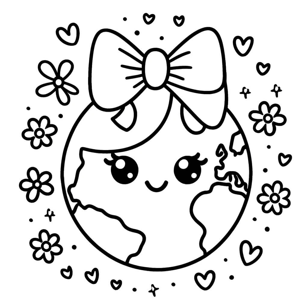 Coloriage Planète Terre Fille Fleurs Facile Maternelle - Jour de la Terre à imprimer