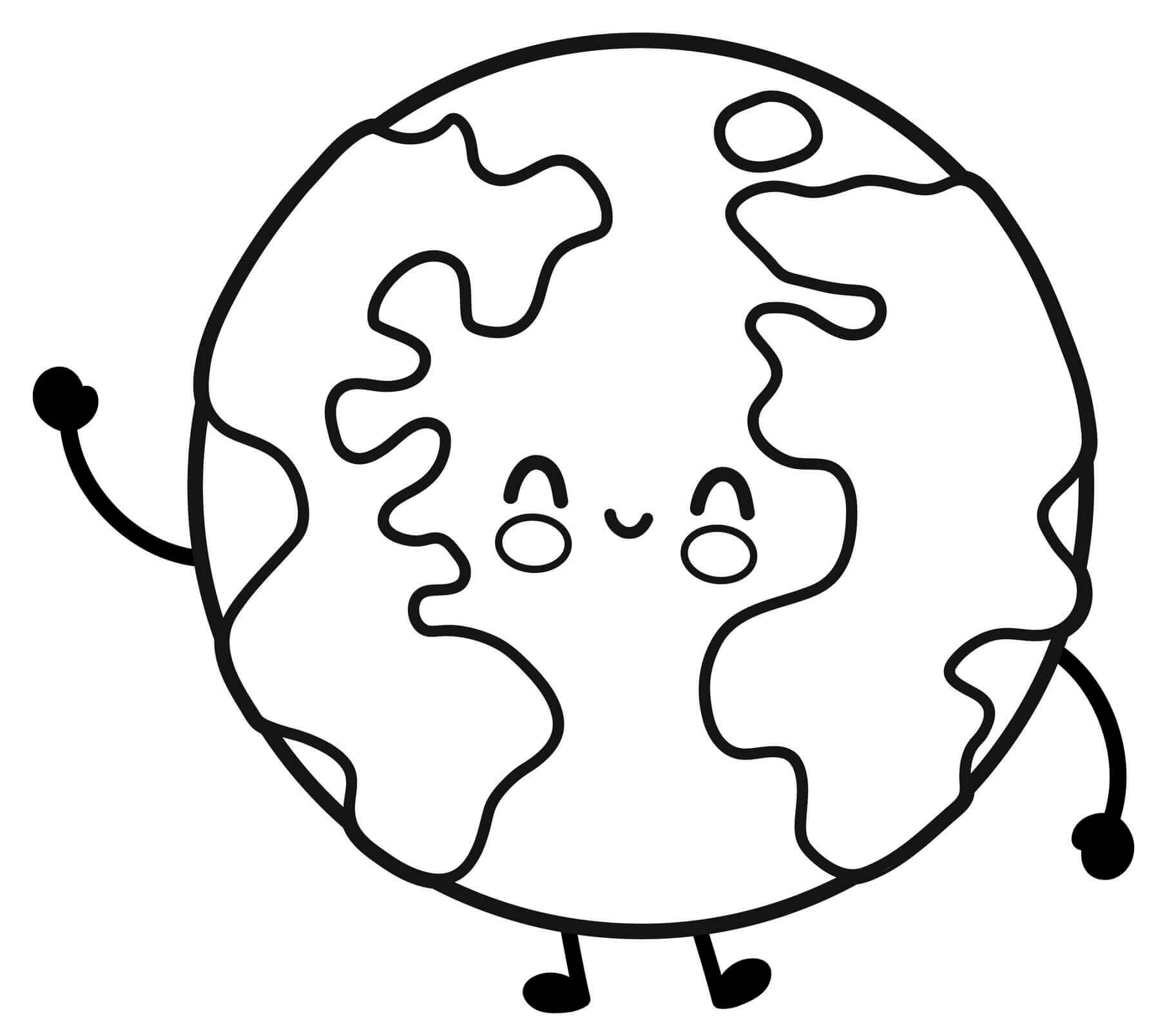 Coloriage Planète Terre Kawaii Sourire Mignon - Jour de la Terre à imprimer