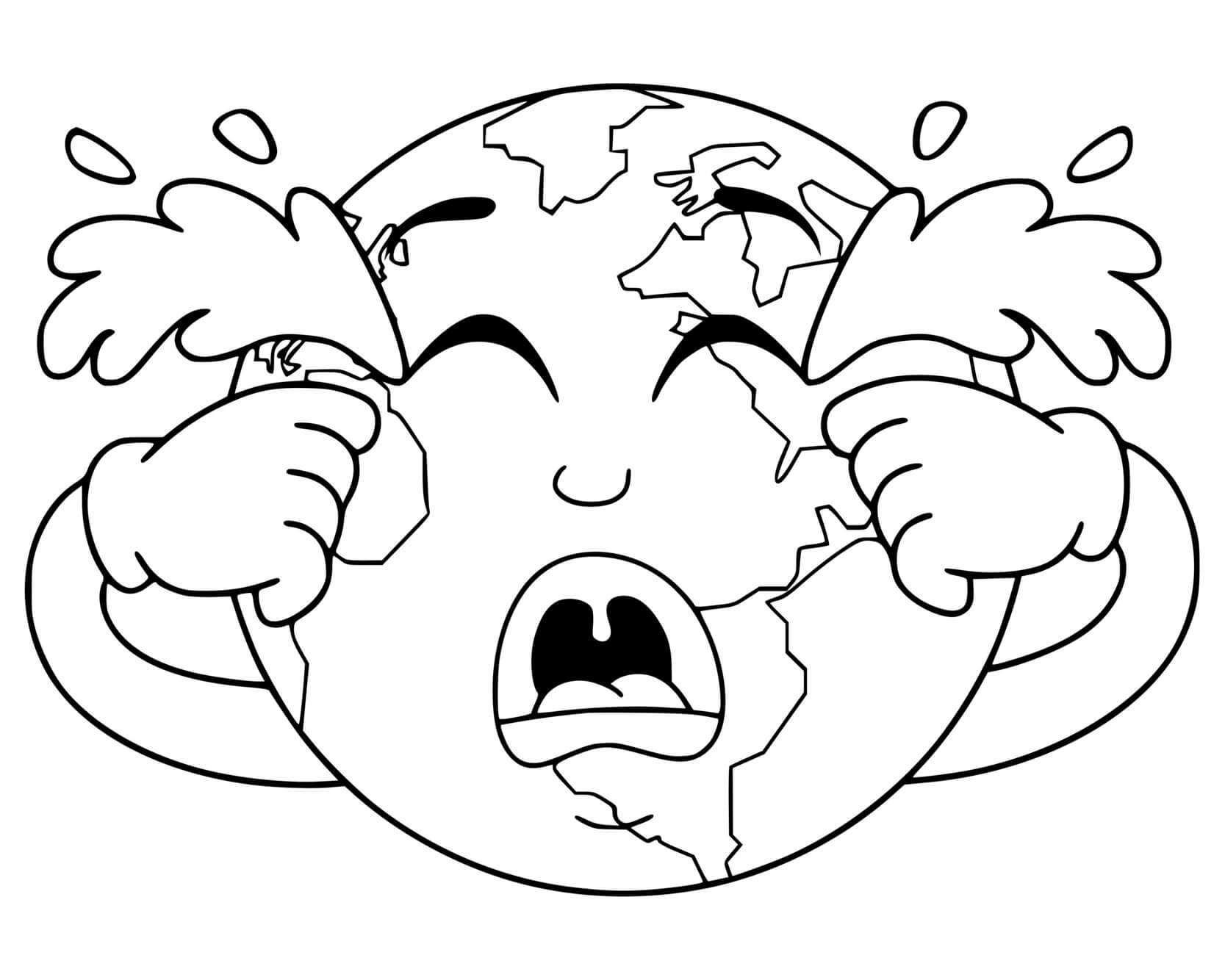 Coloriage Planète Terre Qui Pleure Triste Rechauffement Climatique - Planète à imprimer
