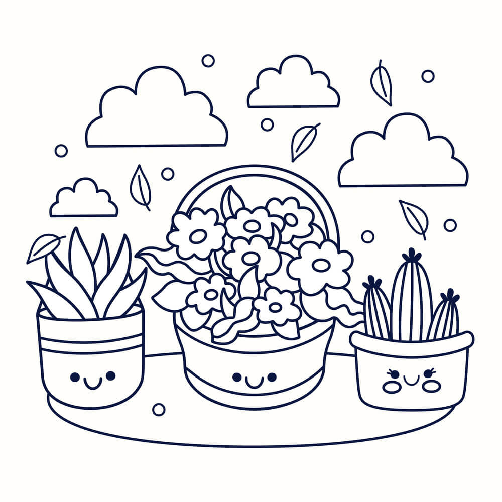 Coloriage Plantes Pots Printemps Vegetation - Printemps à imprimer