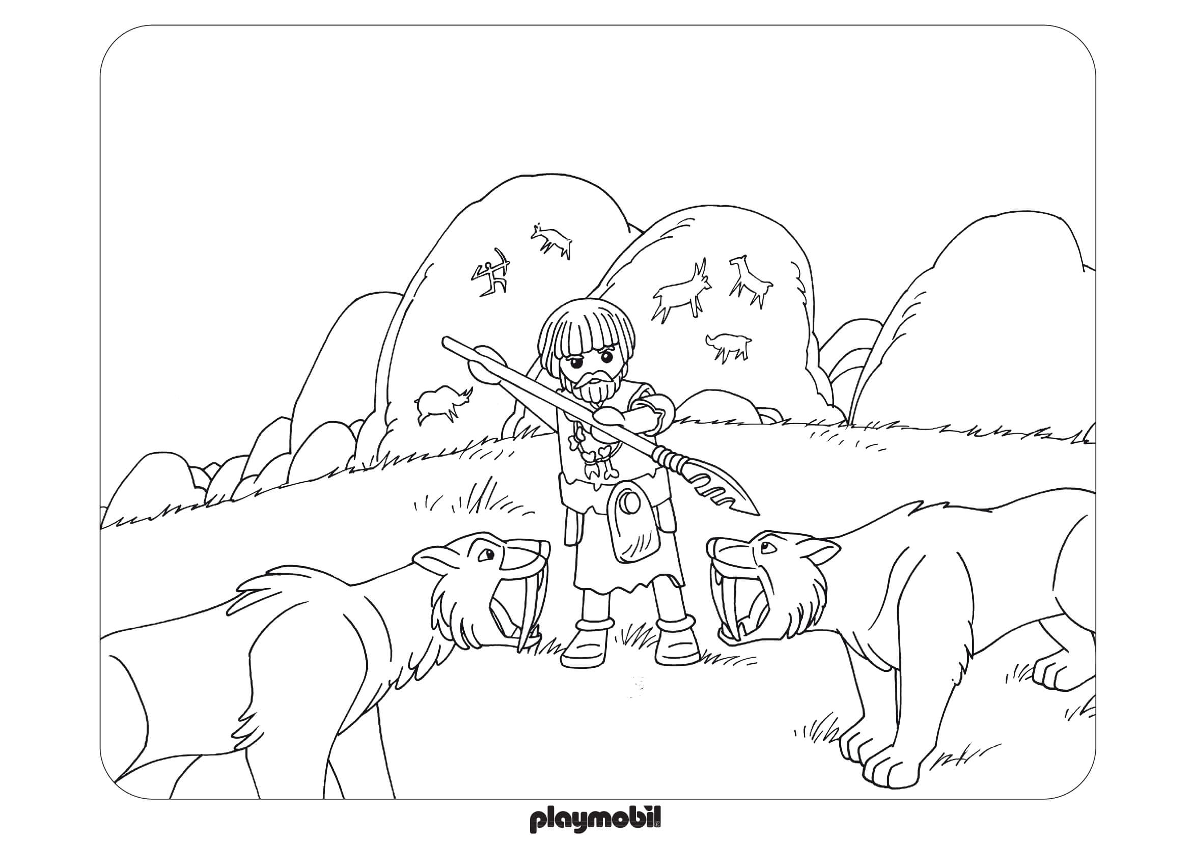 Coloriage Playmobil La Prehistoire Contre Les Animaux - Playmobil à imprimer