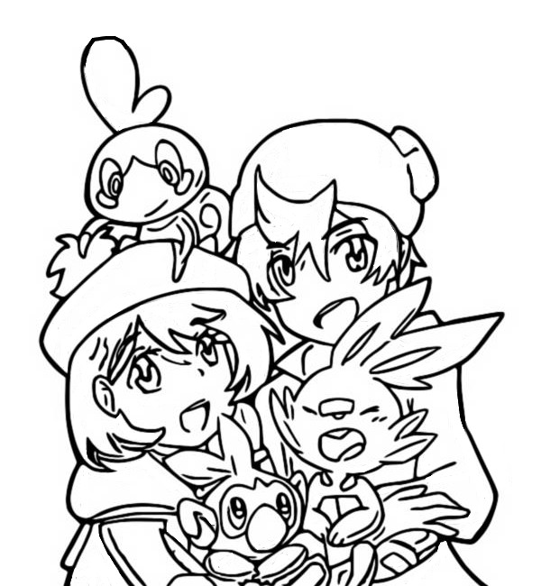 Coloriage Pokemon Épée Et Bouclier Larmeleon Flambino Et Ouistempo Et Leurs Dresseurs - Pokémon à imprimer