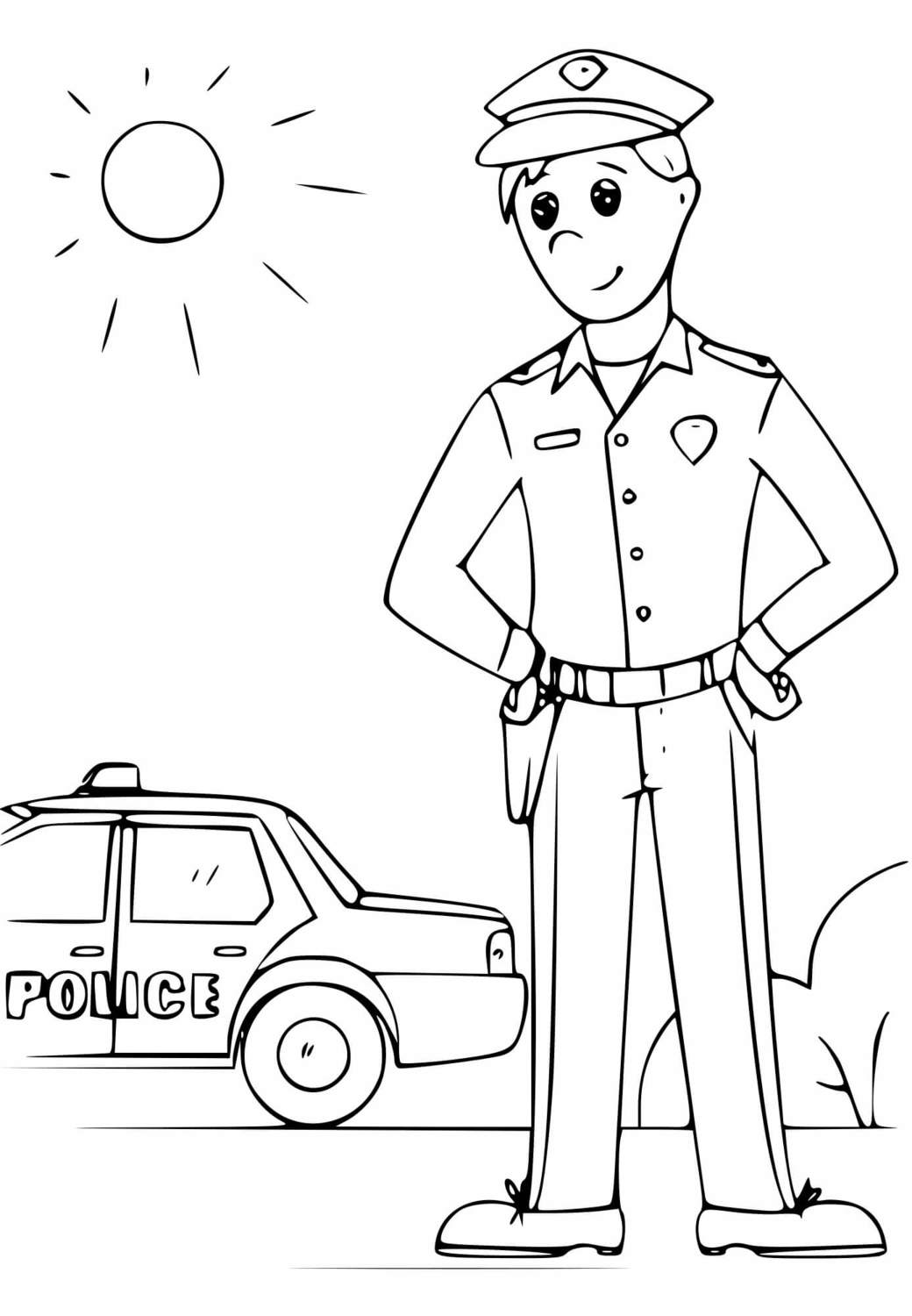 Coloriage Policer Avec Sa Voiture Journée Ensoleillee - Police à imprimer