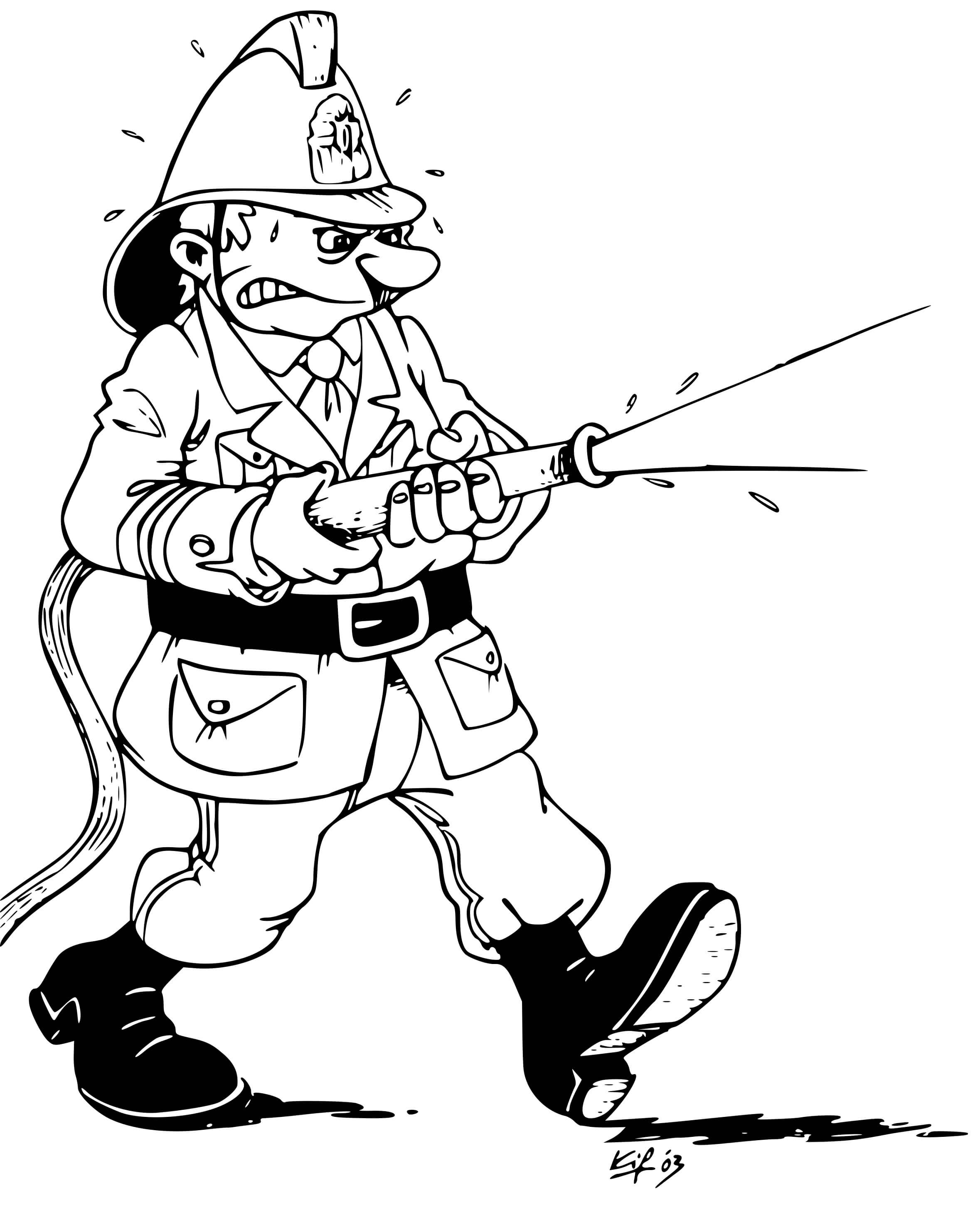 Coloriage Pompier Avec Lance A Eau - Pompier à imprimer