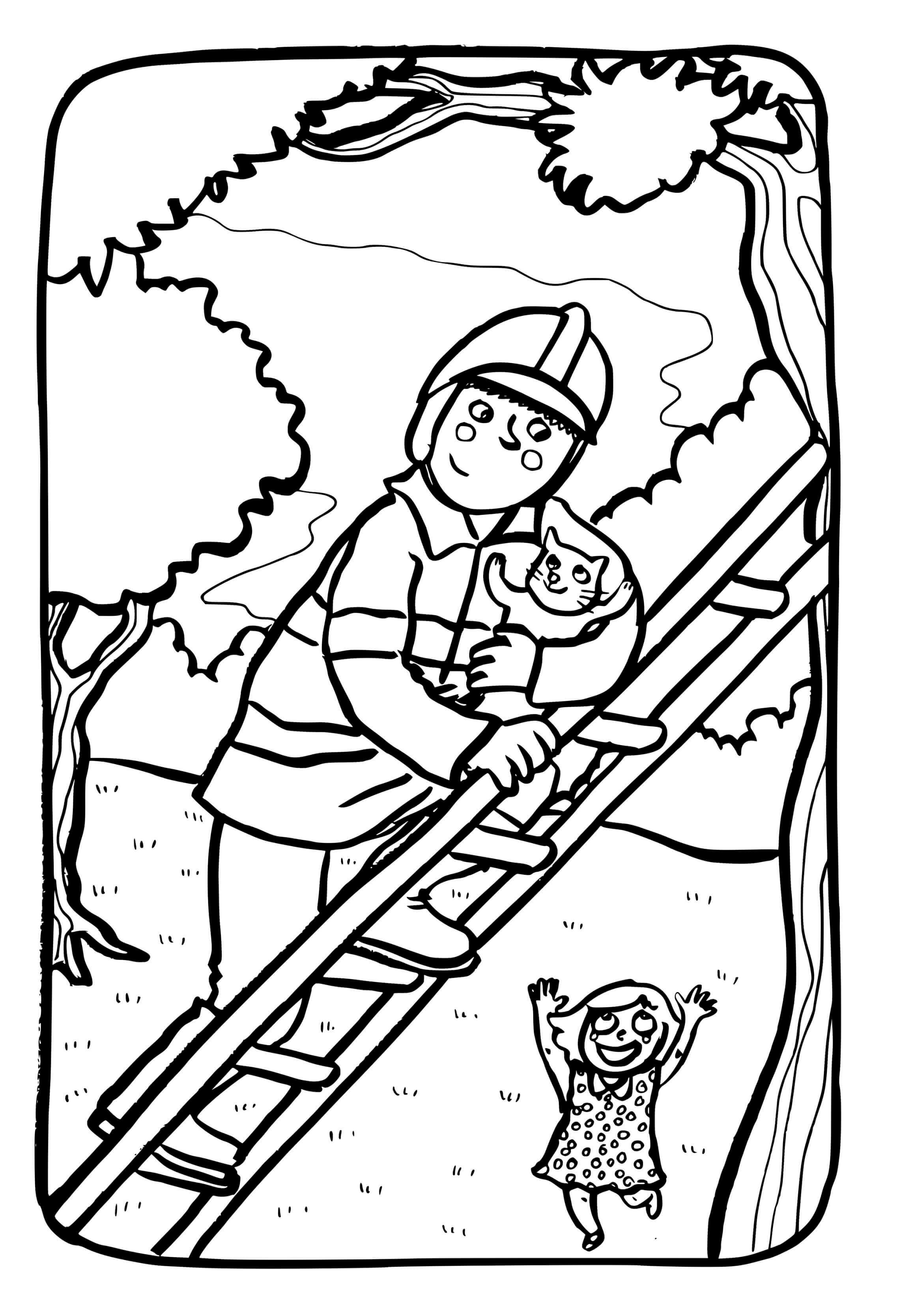 Coloriage Pompier Qui Sauve Un Chat Sur Un Arbre - Pompier à imprimer