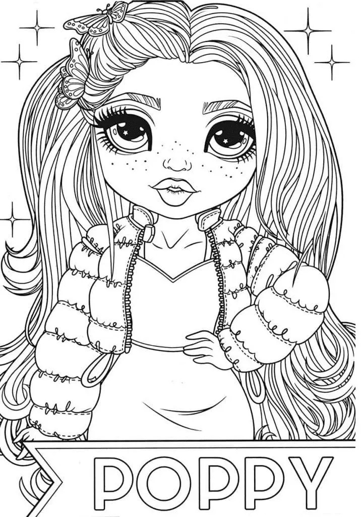 Coloriage Portrait De Poppy Avec Papillons Et Veste Douillette - Rainbow high à imprimer