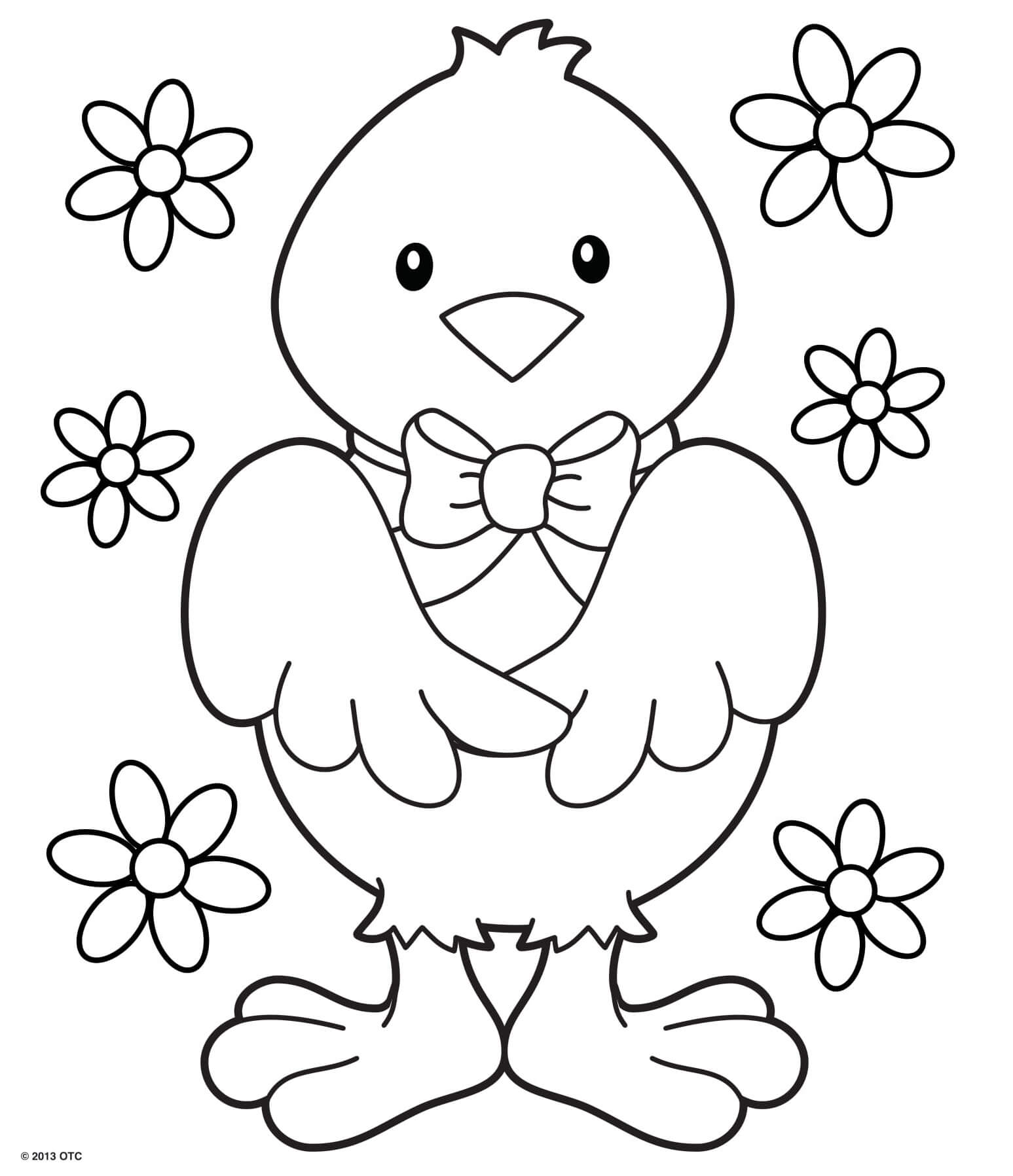 Coloriage Poussin Élégant Avec Un Ruban Et Des Jolies Fleurs - Pâques à imprimer