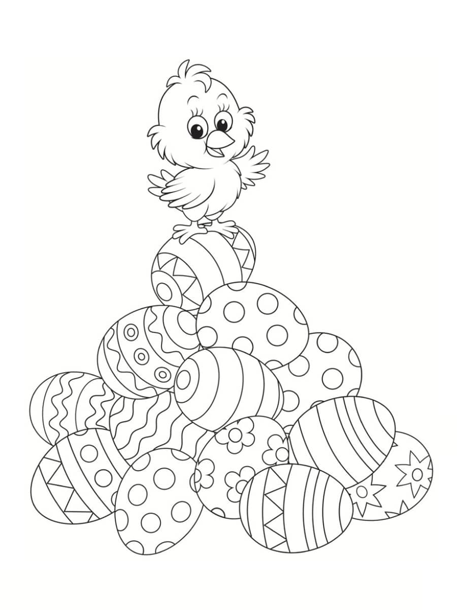 Coloriage Poussin Sur Une Montagne De Œufs De Pâques - Poussin à imprimer