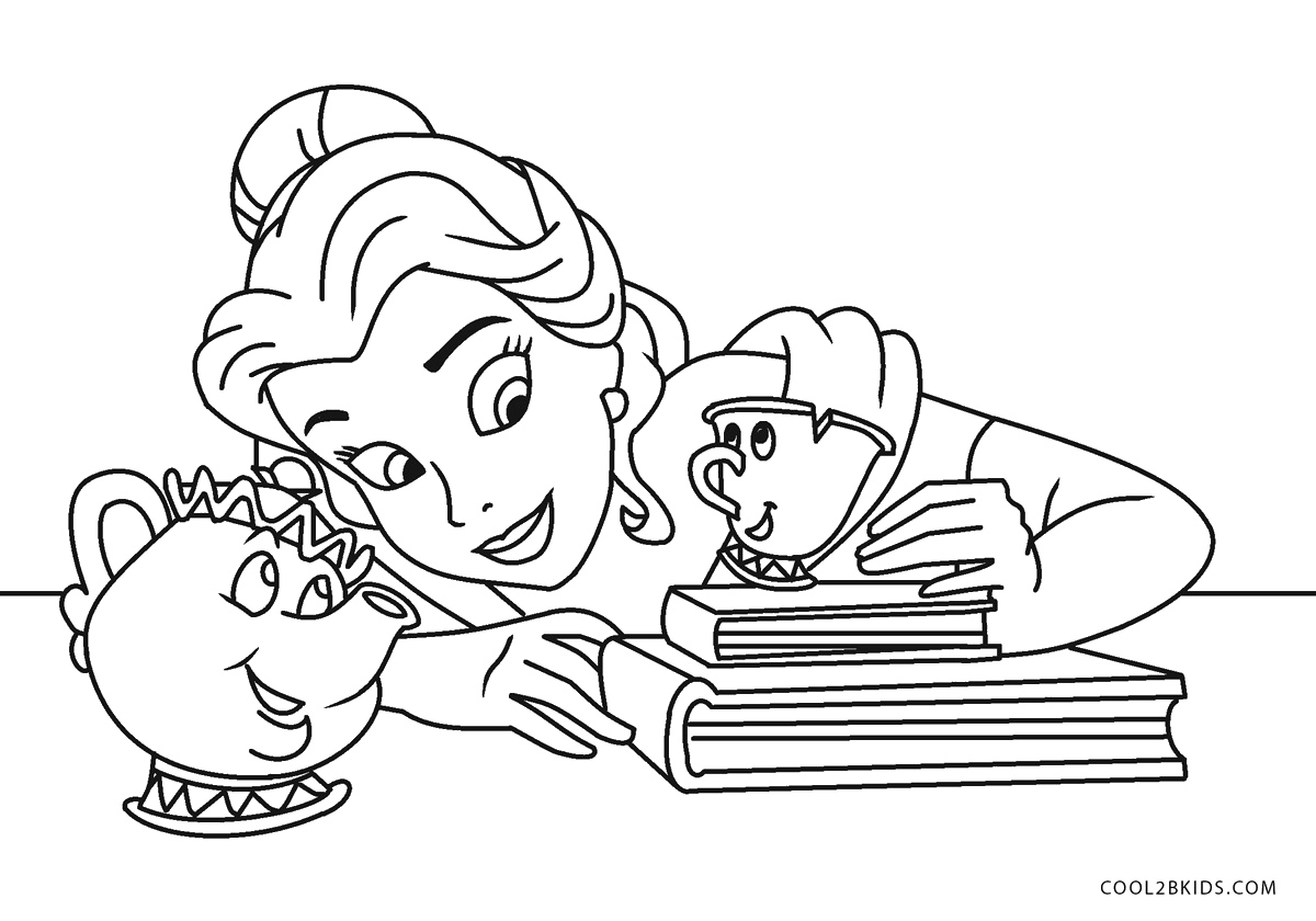 Coloriage Princesse Belle Mrs Samovar Et Chip - La Belle et la Bête à imprimer
