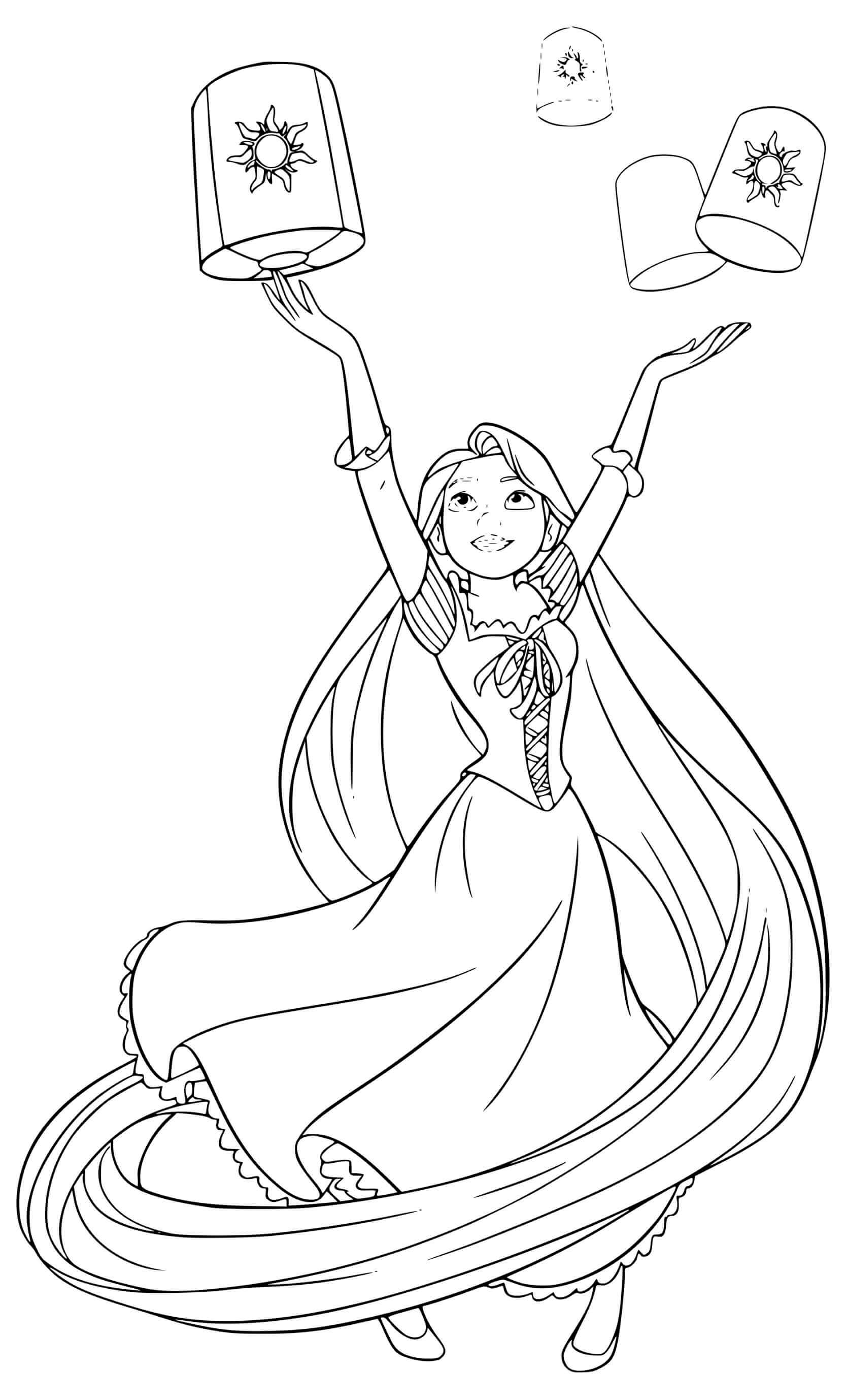 Coloriage Princesse Lance Les Lanternes Dans Le Ciel - Raiponce à imprimer