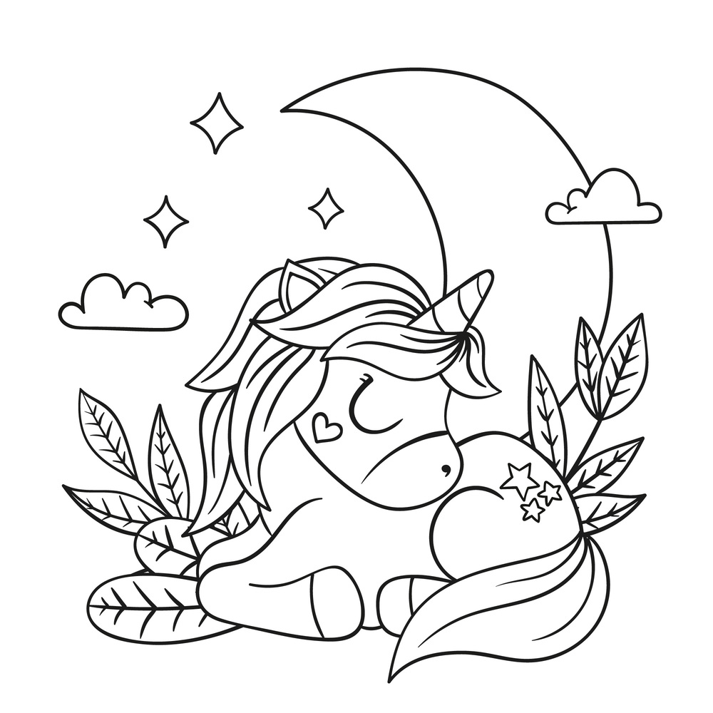 Coloriage Princesse Licorne Kawaii Feuilles Lune Étoiles - Princesse licorne à imprimer