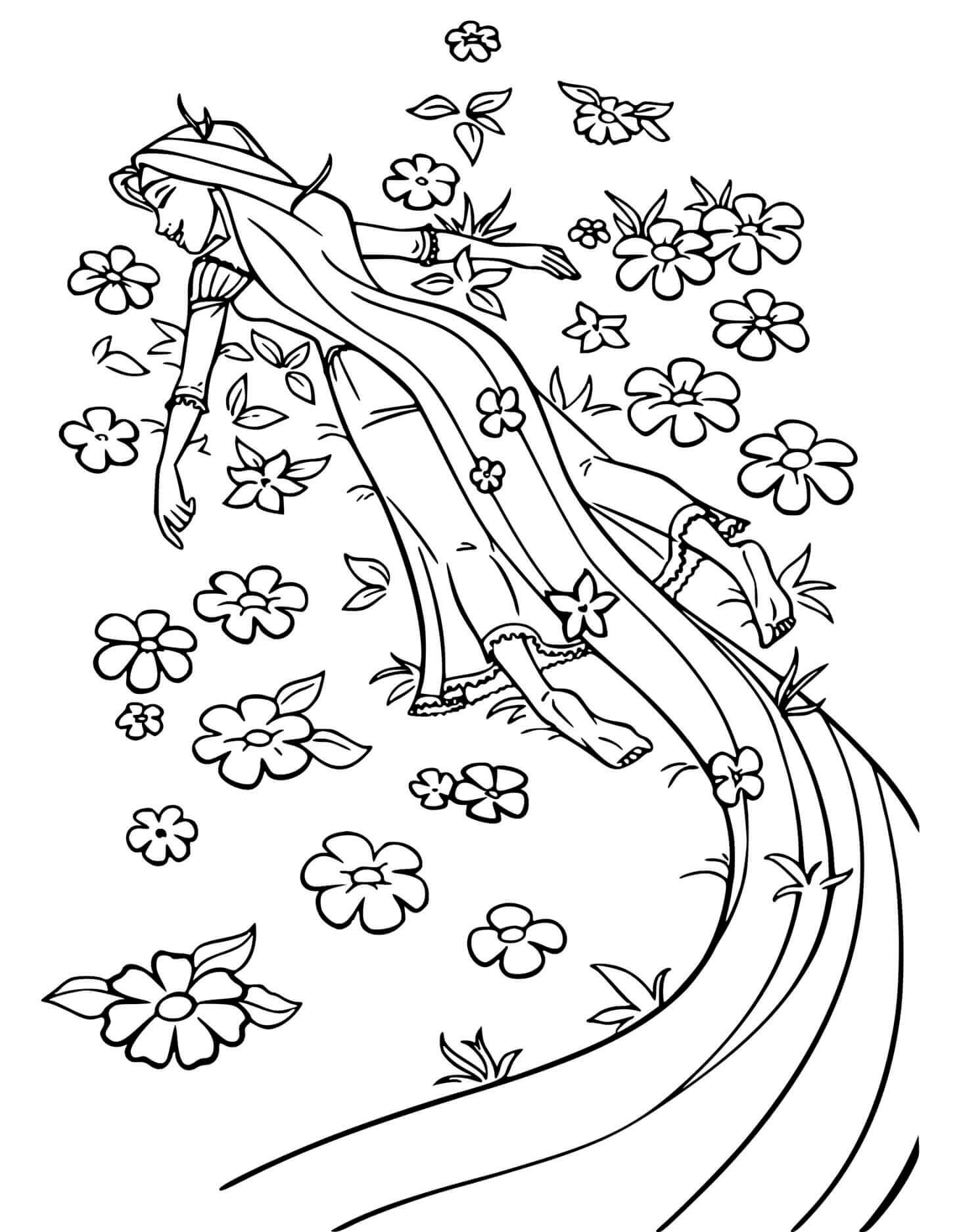 Coloriage Princesse Se Couche Sur Un Champ De Fleurs Pour Respirer La Nature - Raiponce à imprimer