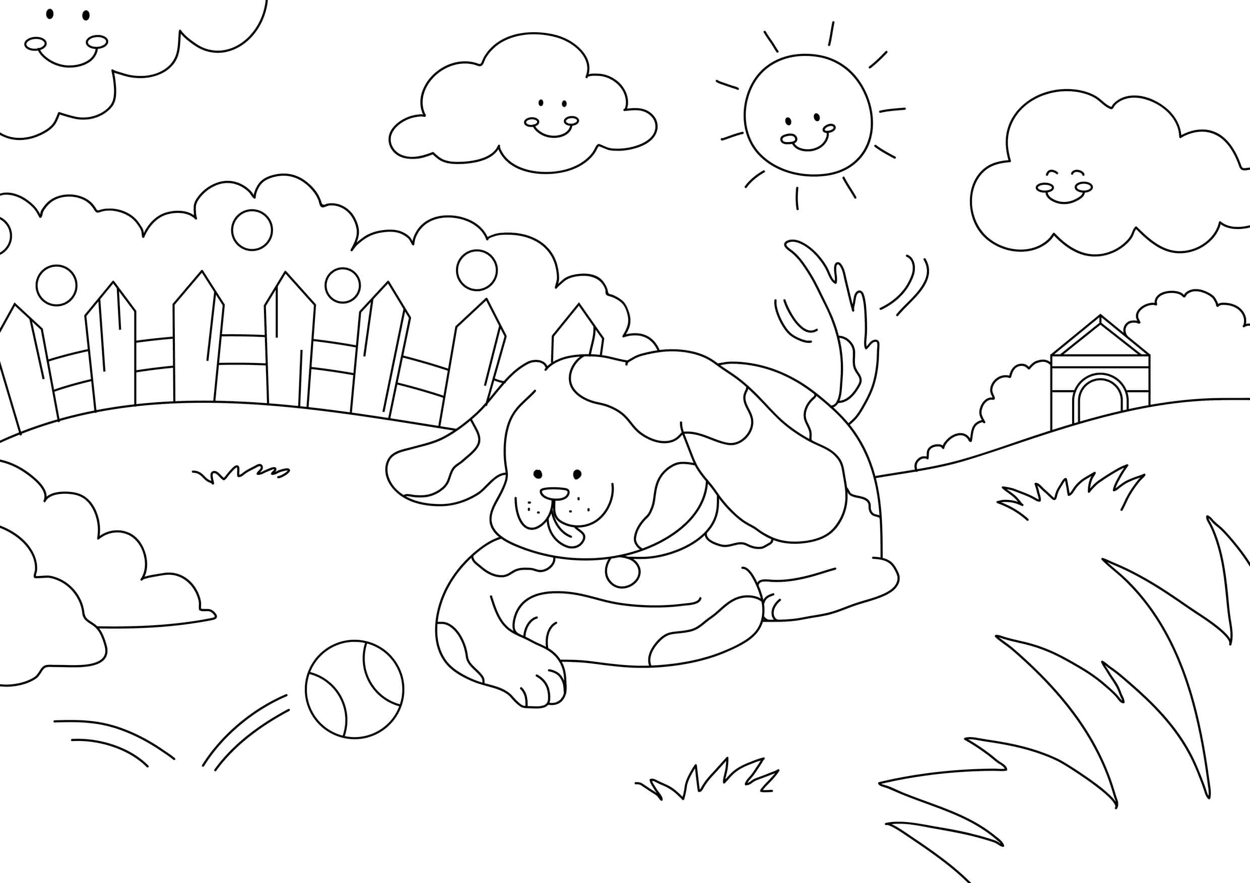 Coloriage Printemps Cp Facile Chien Paysage Kawaii - Printemps à imprimer