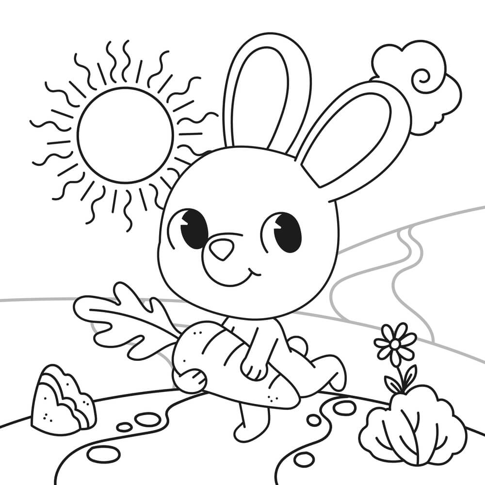 Coloriage Printemps Facile Lapin Avec Carotte Et Un Soleil - Printemps à imprimer