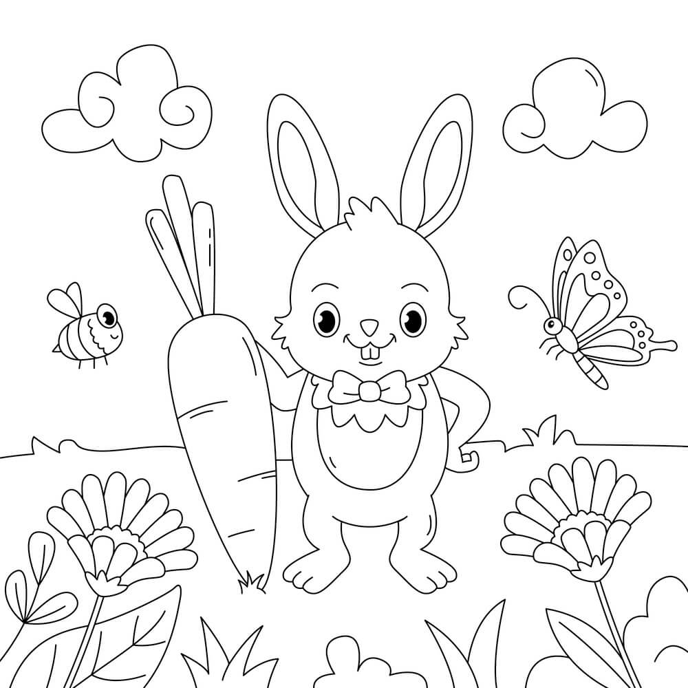 Coloriage Printemps Facile Lapin Avec Carotte Paysage Papillon Abeille - Printemps à imprimer
