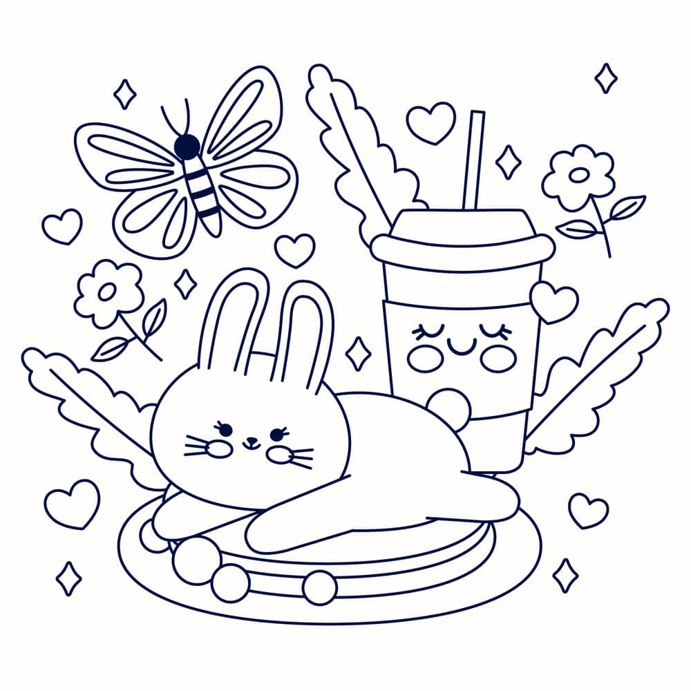 Coloriage Printemps Kawaii Lapin Boisson Fraiche - Printemps à imprimer