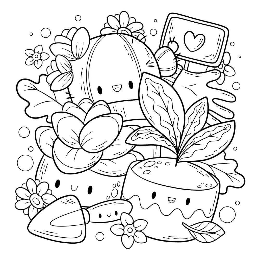 Coloriage Printemps Kawaii Plantes - Printemps à imprimer