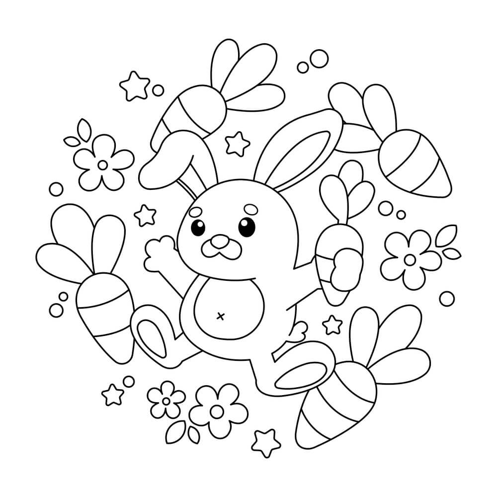 Coloriage Printemps Lapin Carottes Fleurs - Printemps à imprimer