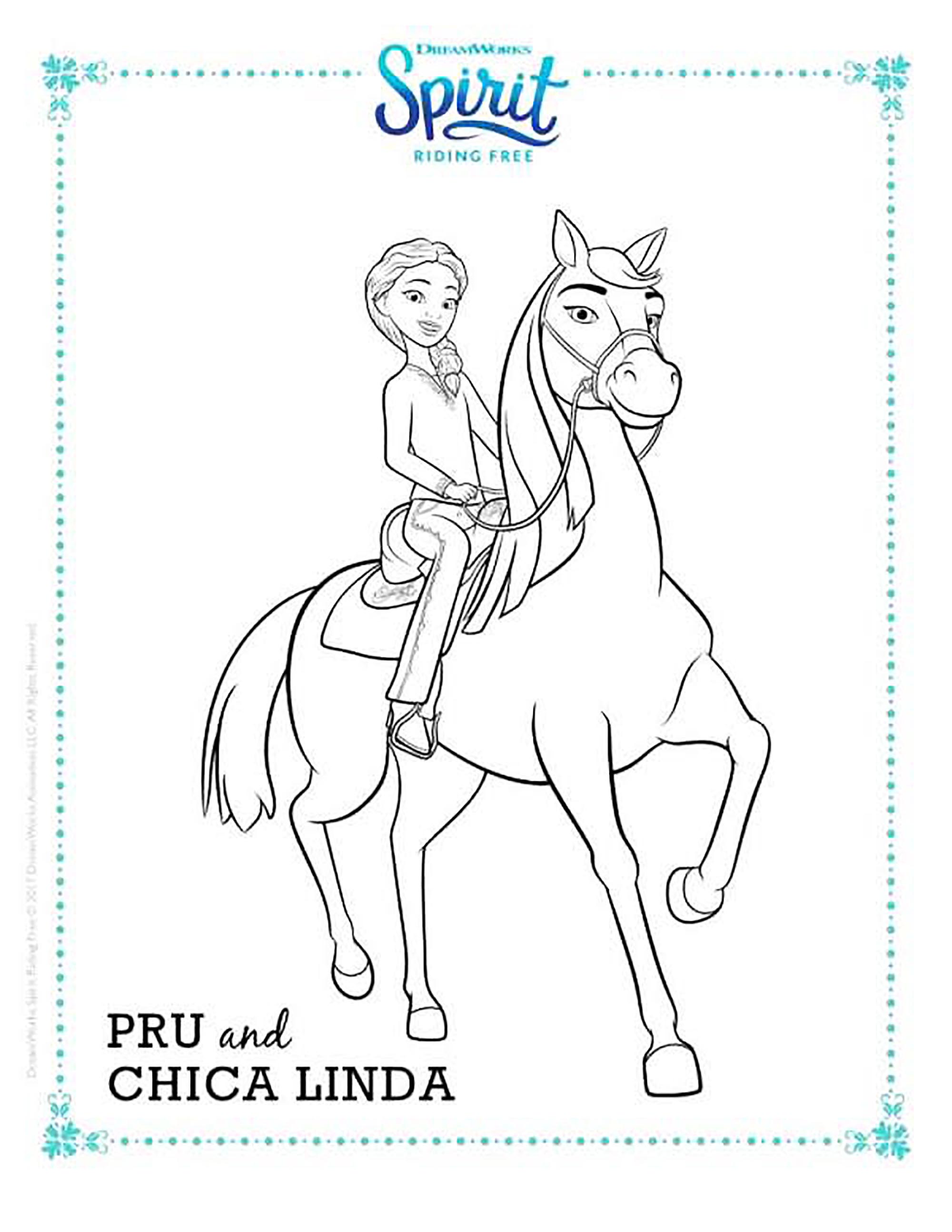 Coloriage Pru Et Chica Linda Spirit Cheval - Spirit à imprimer
