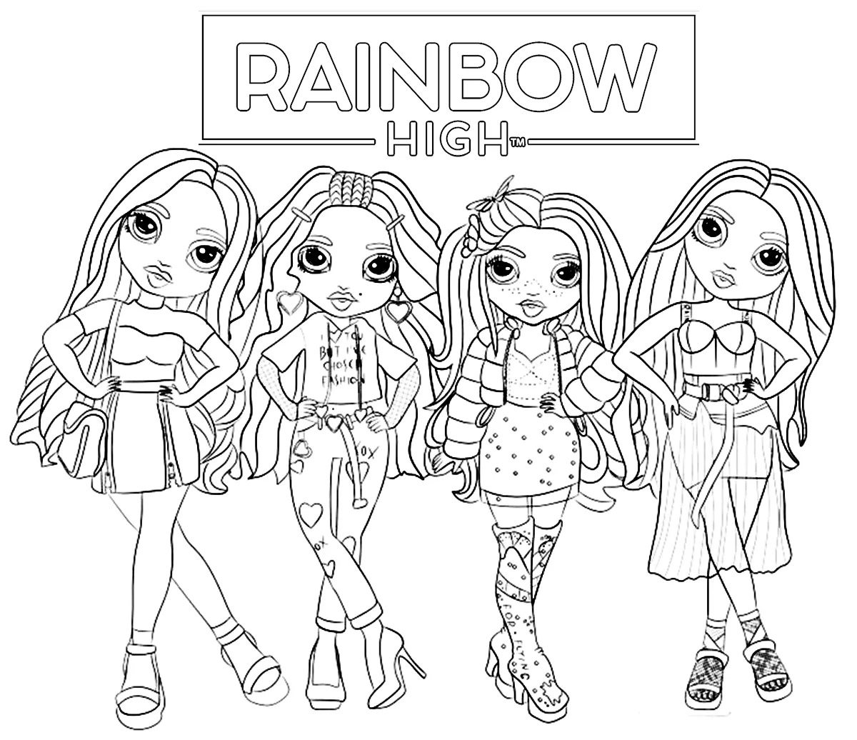Coloriage Quatre Poupées Rainbow High En Tenues Detaillees - Rainbow high à imprimer