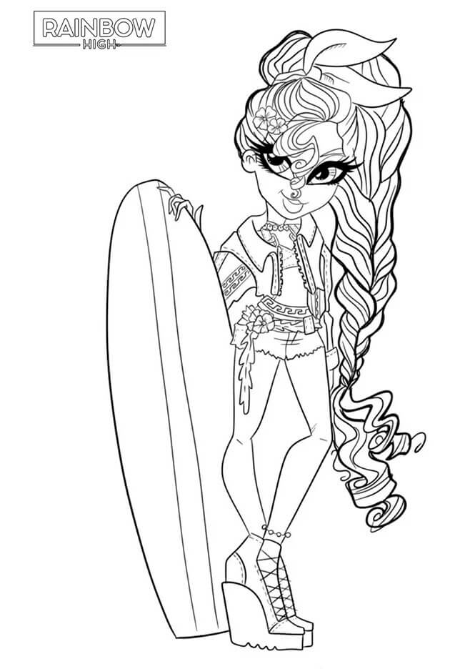 Coloriage Rainbow High Personnage Avec Planche De Surf - Rainbow high à imprimer