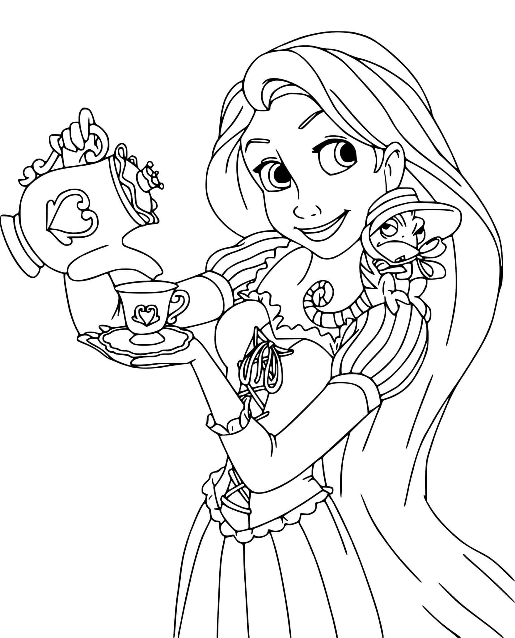 Coloriage Raiponce savoure son thé relaxant - Raiponce à imprimer