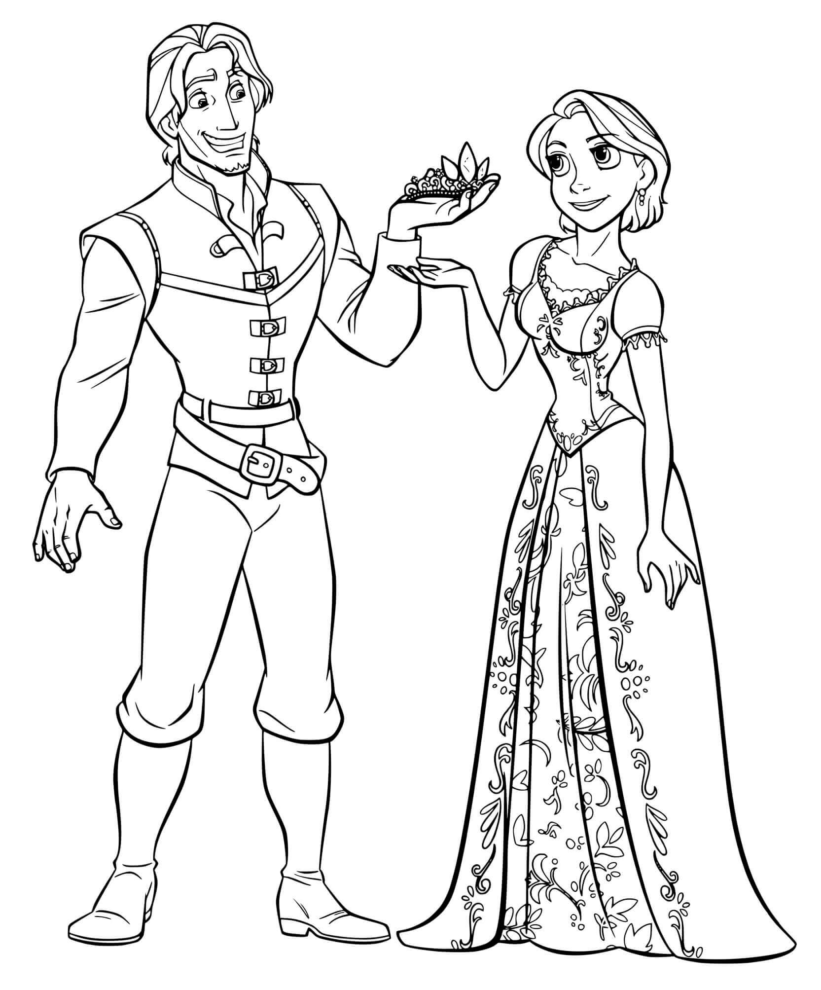 Coloriage Raiponce Avec Des Cheveux Courts Et Flynn Qui Lui Offre Une Couronne En Diamant - Raiponce à imprimer