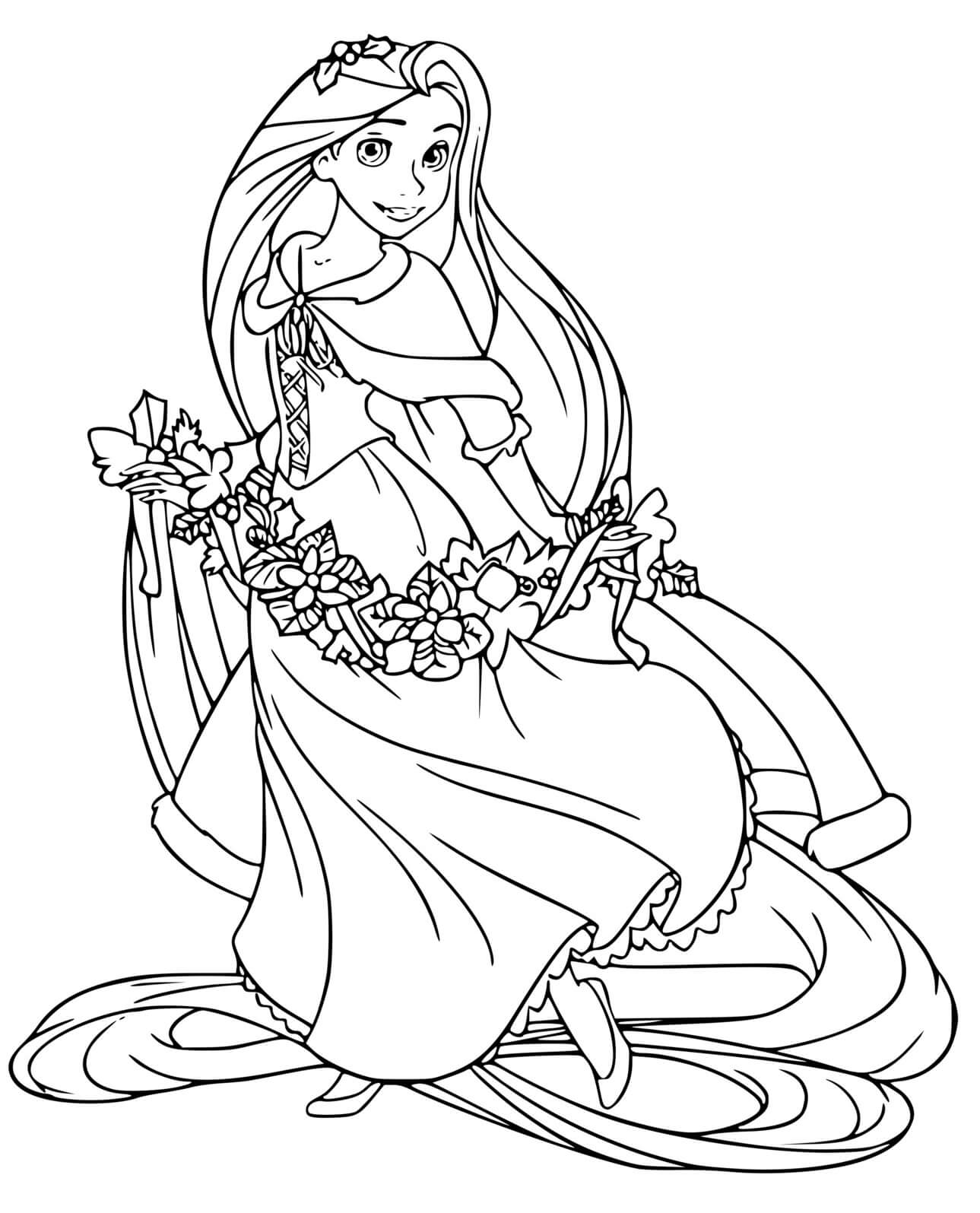 Coloriage Raiponce Avec Des Fleurs - Raiponce à imprimer