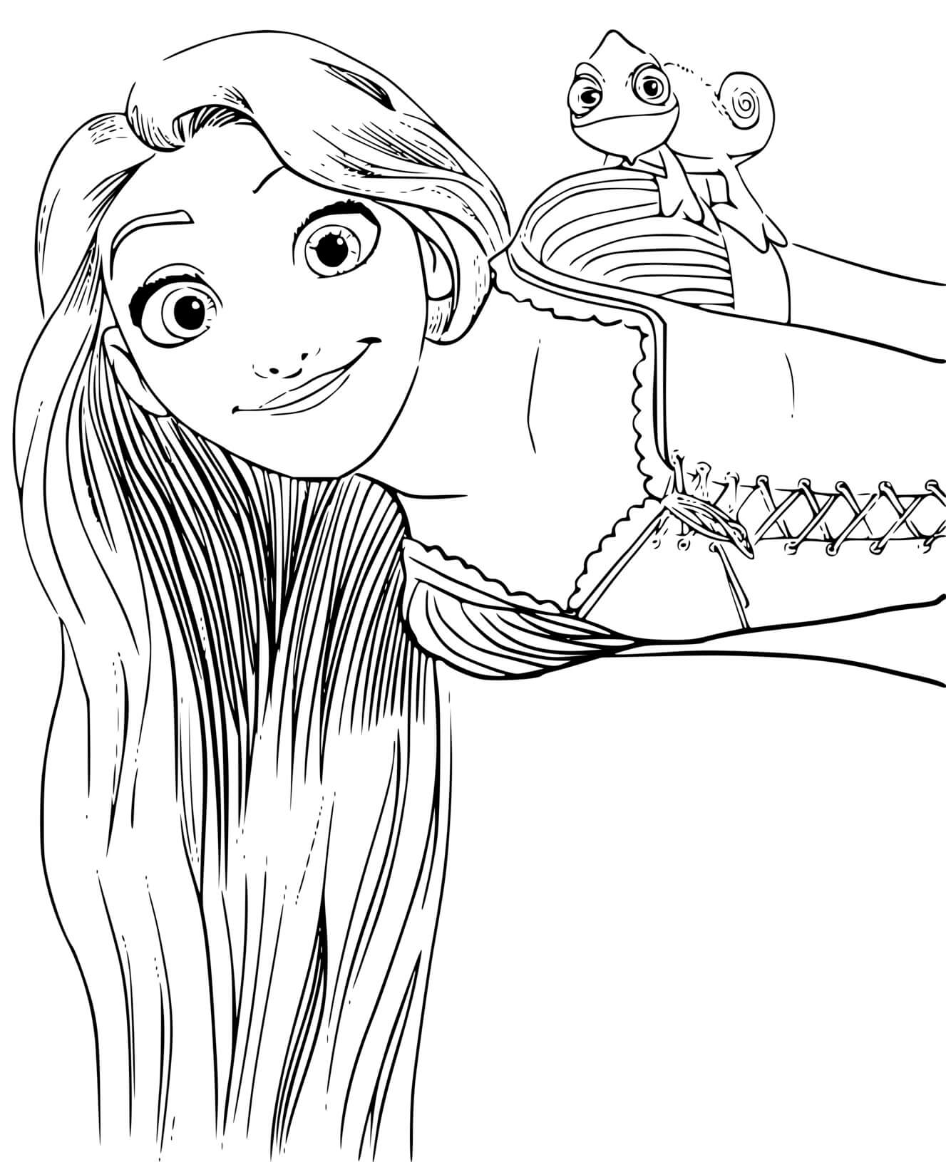 Coloriage Raiponce Avec Ses Yeux Verts Et Son Caméléon Pascal - Raiponce à imprimer