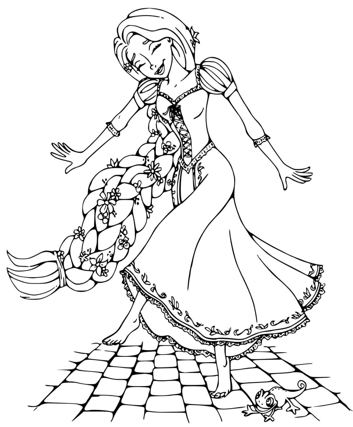 Coloriage Raiponce Danse Pied Nu Avec Ses 70 Pieds De Cheveux - Raiponce à imprimer
