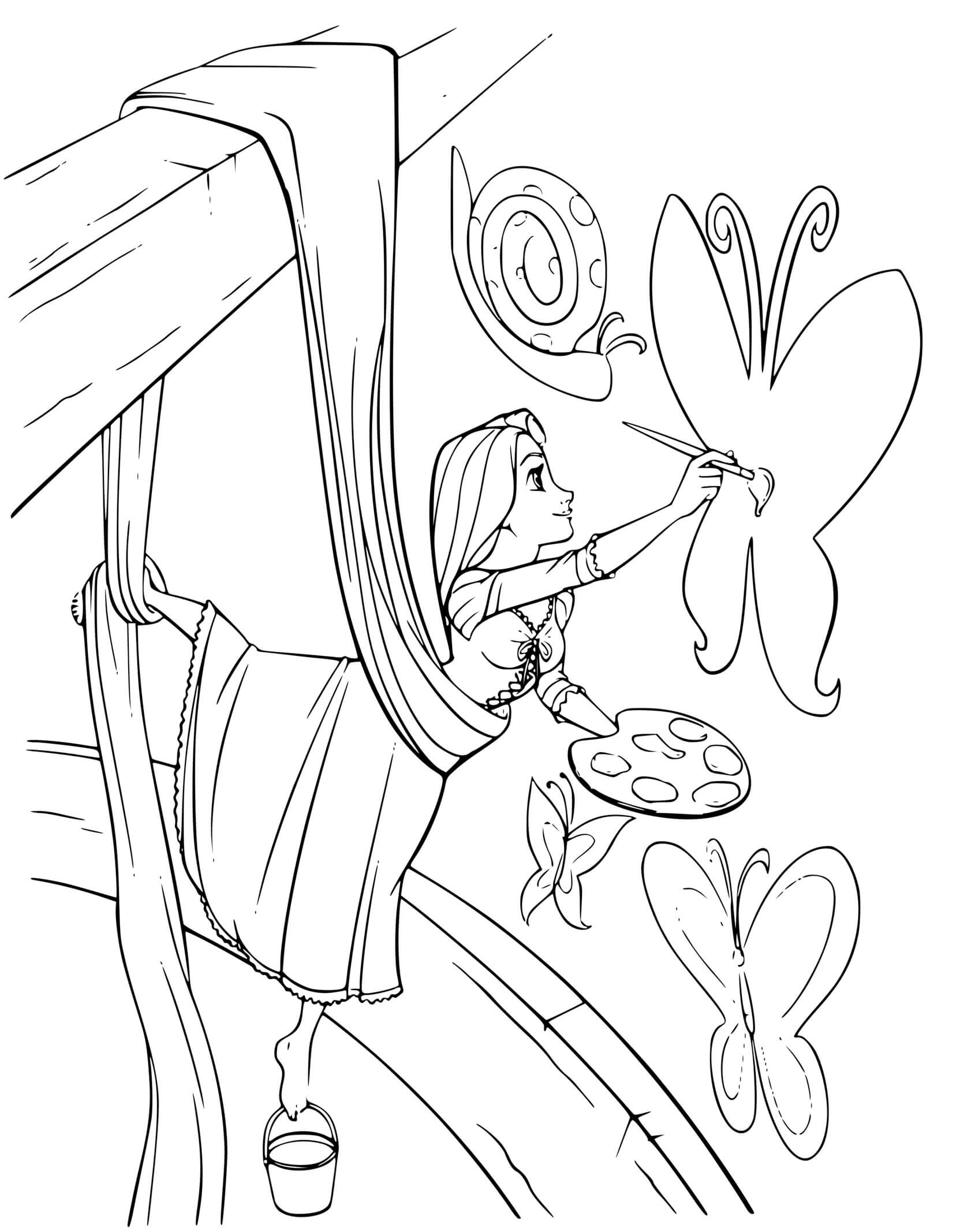 Coloriage Raiponce Dessine Des Papillons Et Un Escargot - Raiponce à imprimer