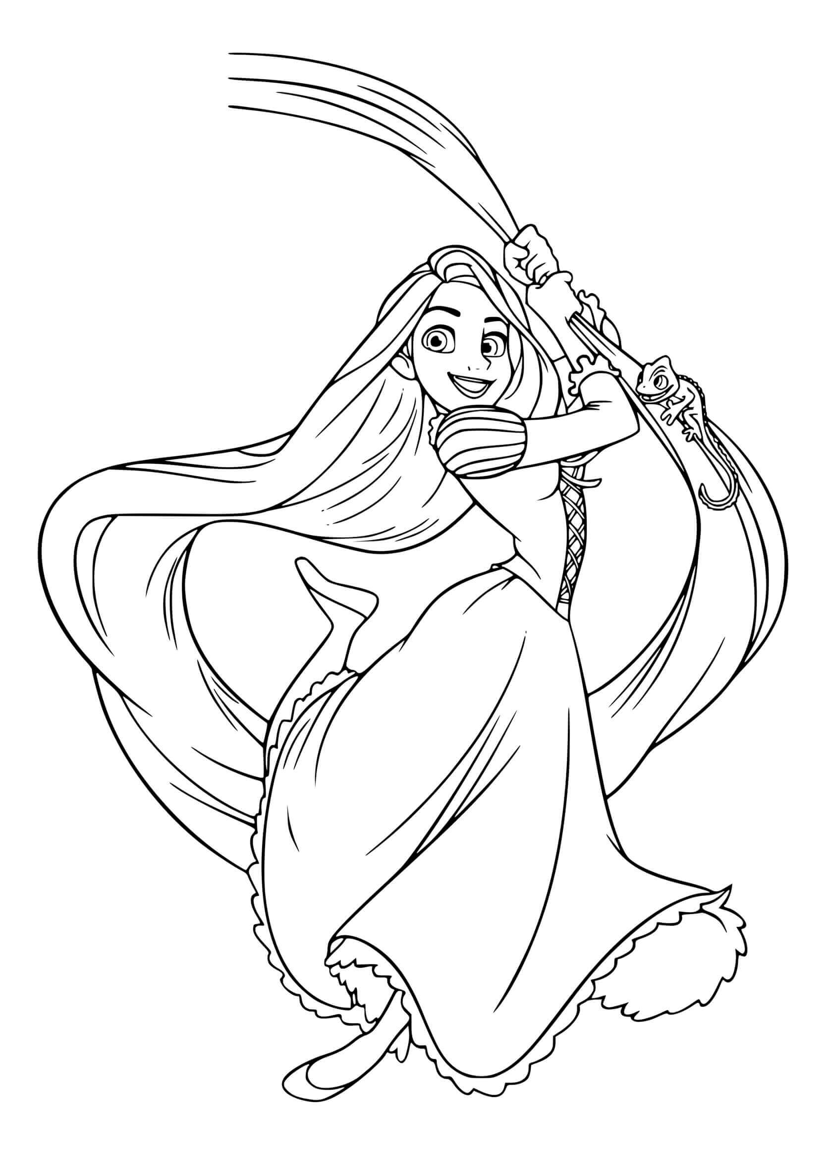 Coloriage Raiponce Fait Le Saut Dans Les Airs Avec Ses Cheveux - Raiponce à imprimer