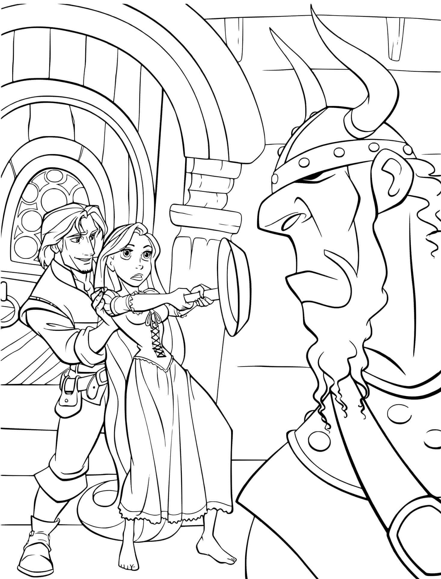 Coloriage Raiponce Protege Flynn Contre Un Méchant - Raiponce à imprimer